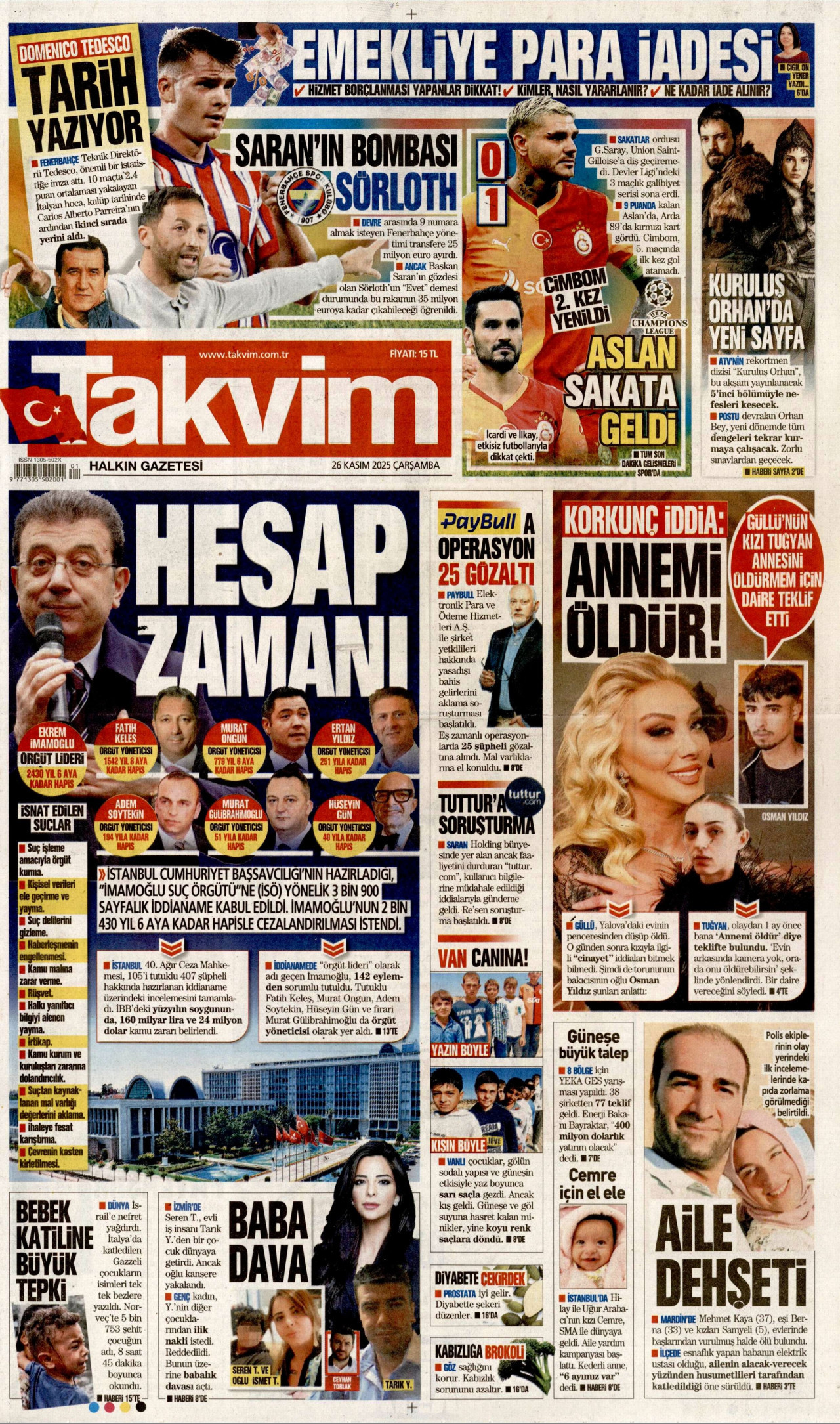 TAKVİM gazetesinin 26 Kasım 2025 tarihli birinci sayfası