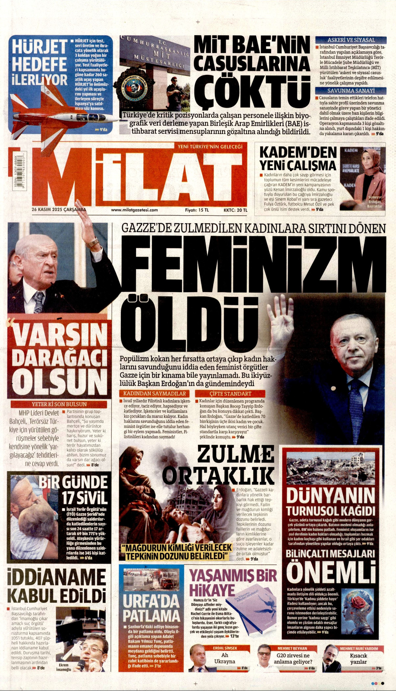 MİLAT gazetesinin 26 Kasım 2025 tarihli birinci sayfası