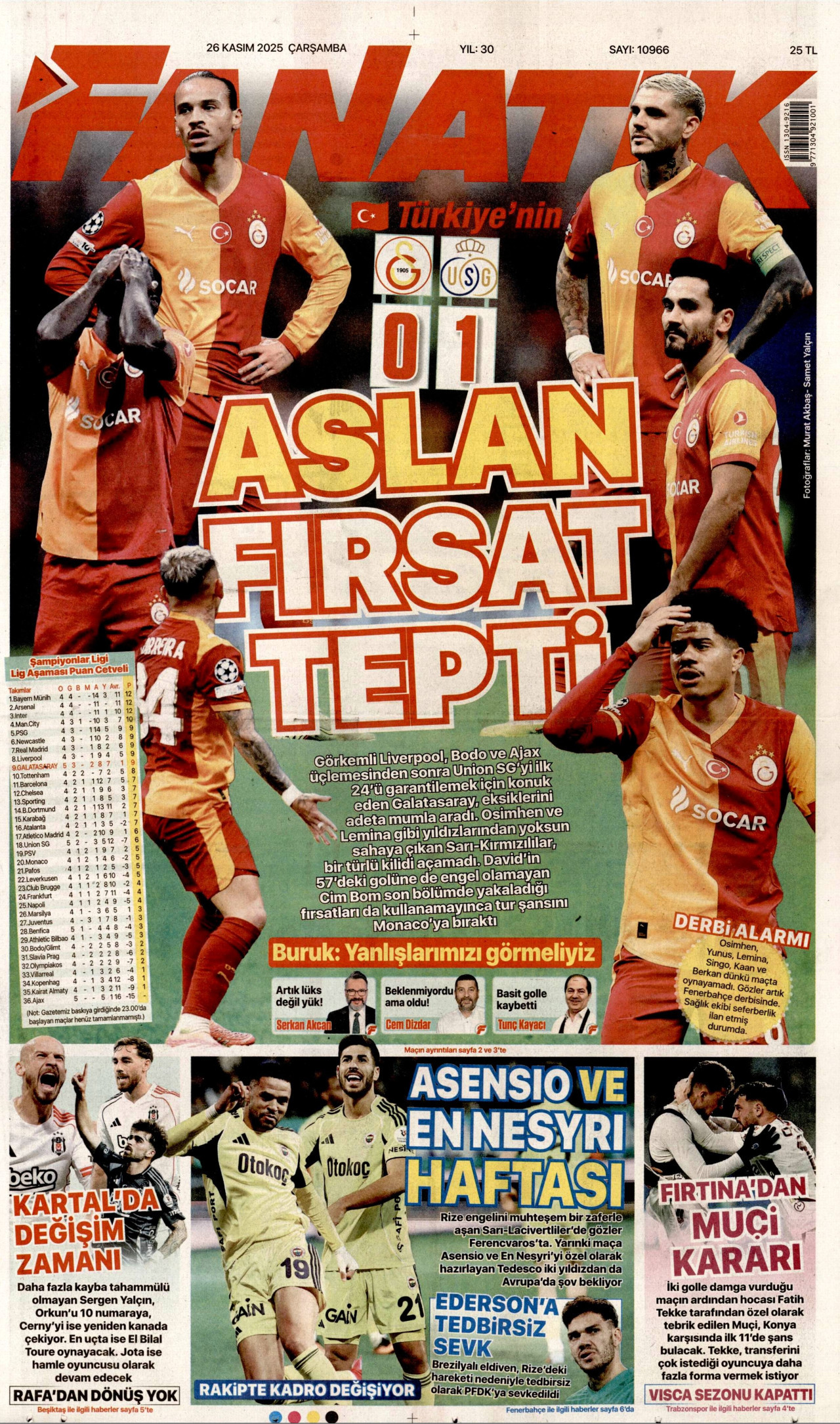 FANATİK gazetesinin 26 Kasım 2025 tarihli birinci sayfası