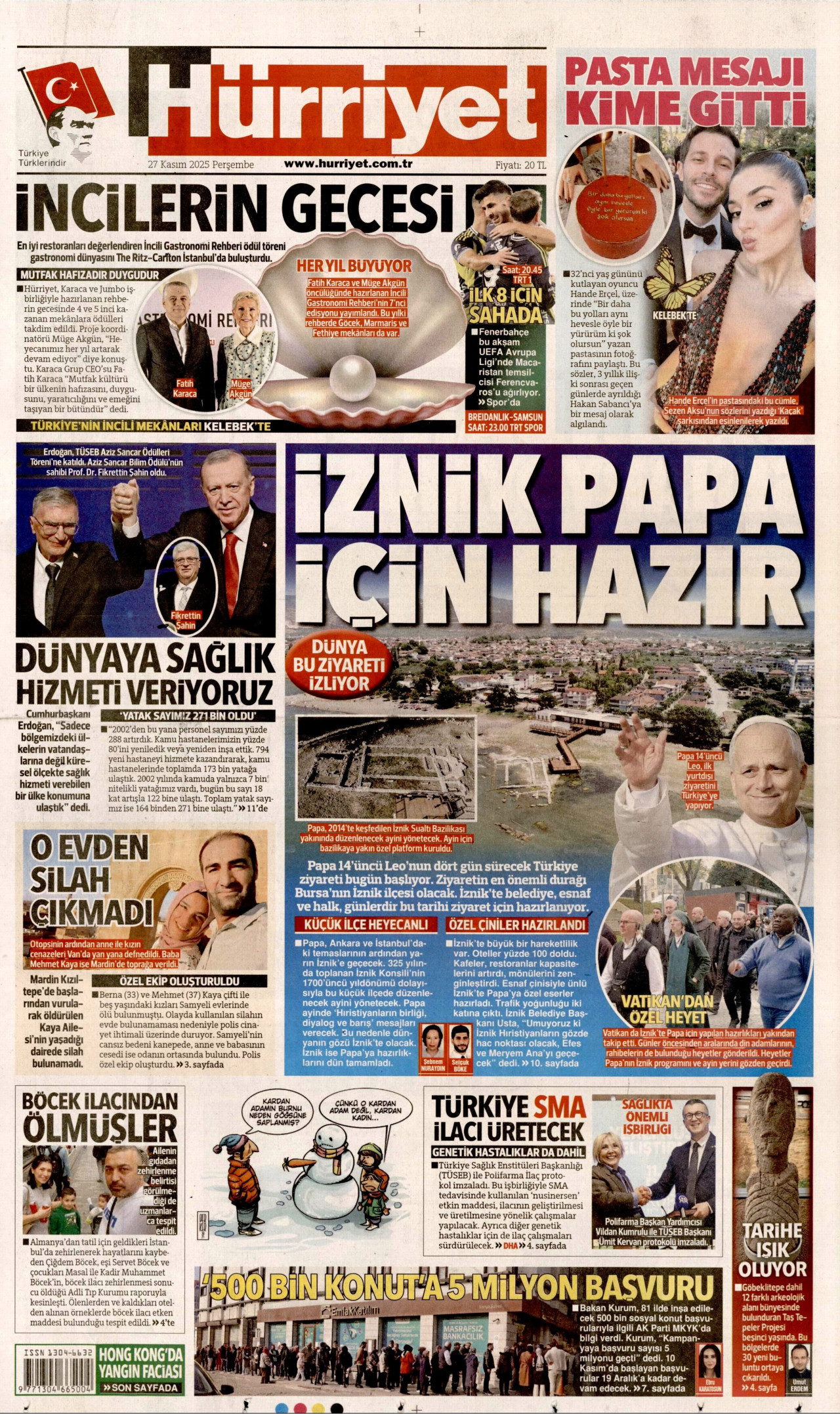 HÜRRİYET gazetesinin 27 Kasım 2025 tarihli birinci sayfası