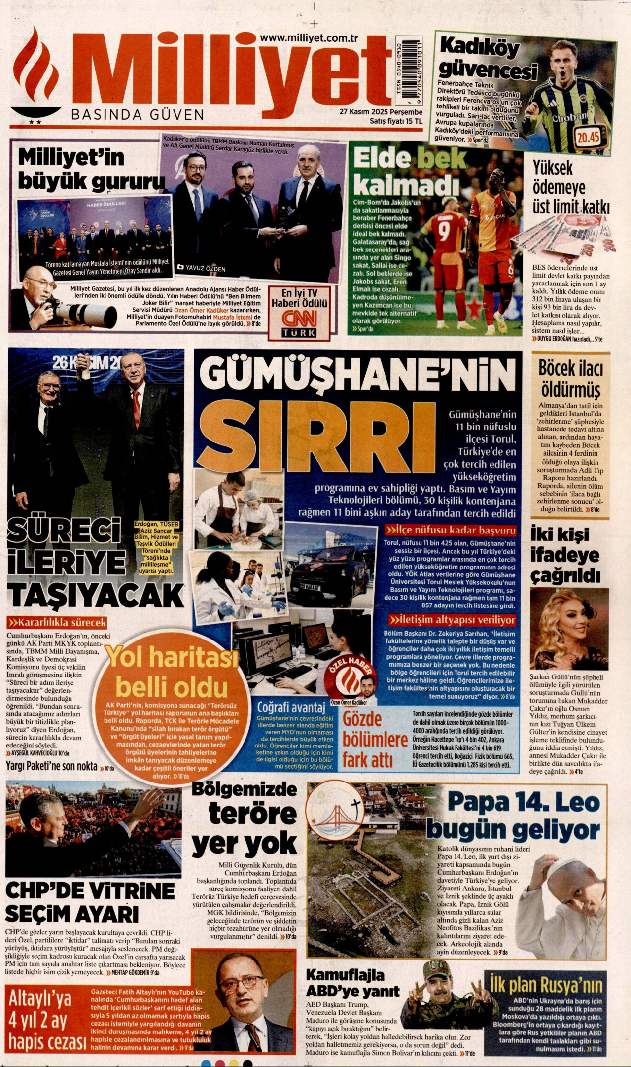 MİLLİYET gazetesinin 27 Kasım 2025 tarihli birinci sayfası