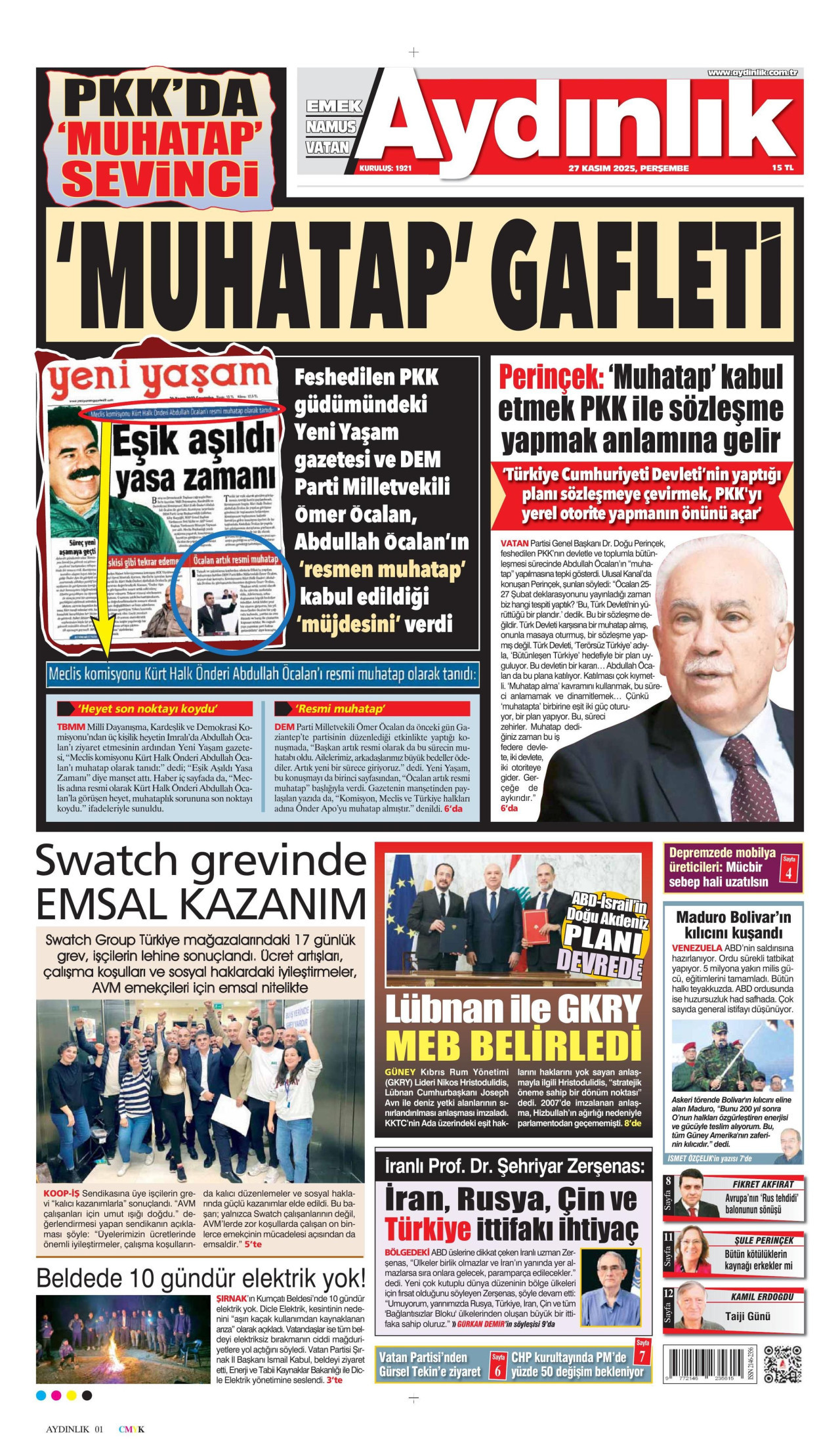 AYDINLIK GAZETESİ gazetesinin 27 Kasım 2025 tarihli birinci sayfası