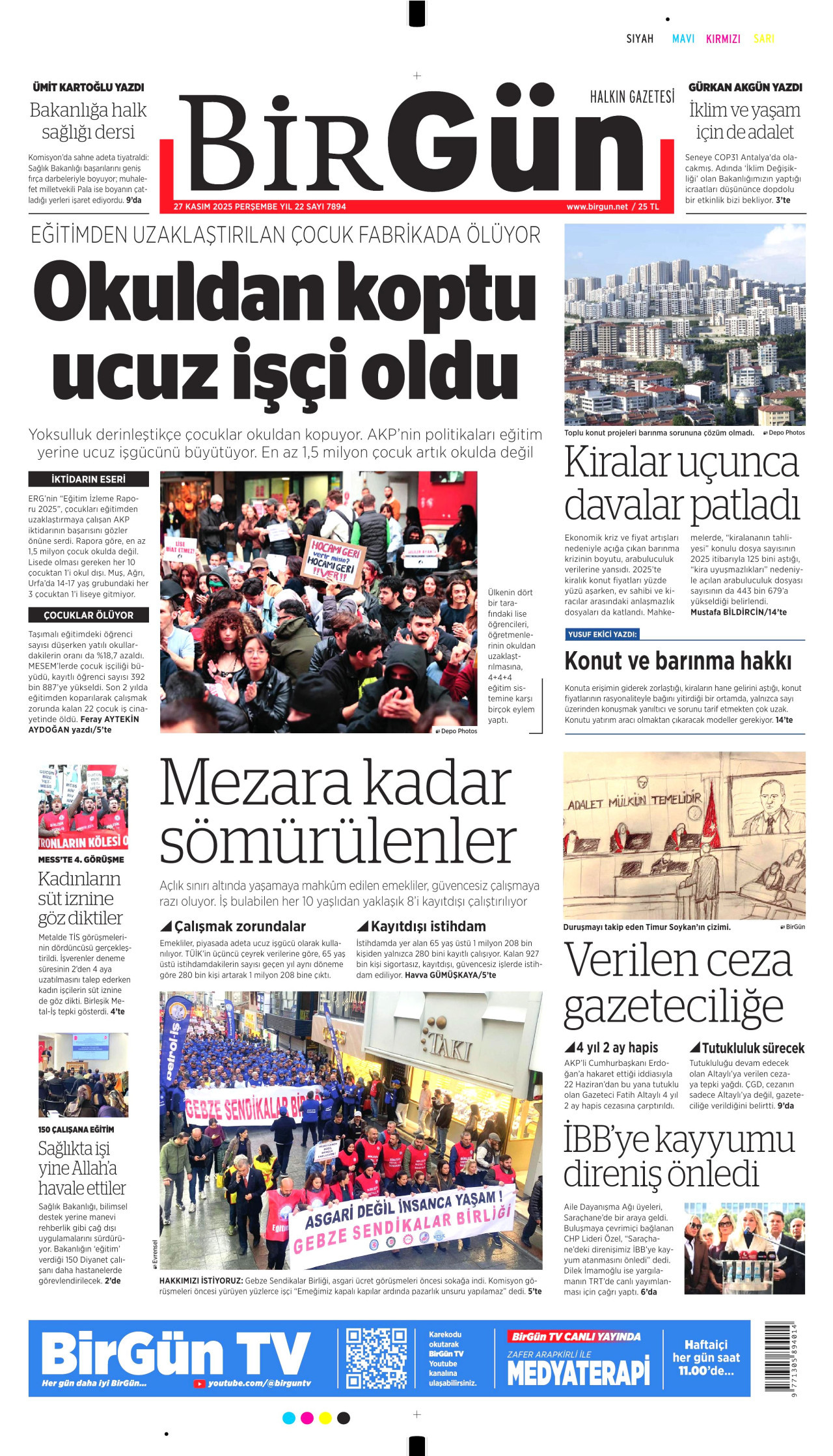 BİRGÜN gazetesinin 27 Kasım 2025 tarihli birinci sayfası