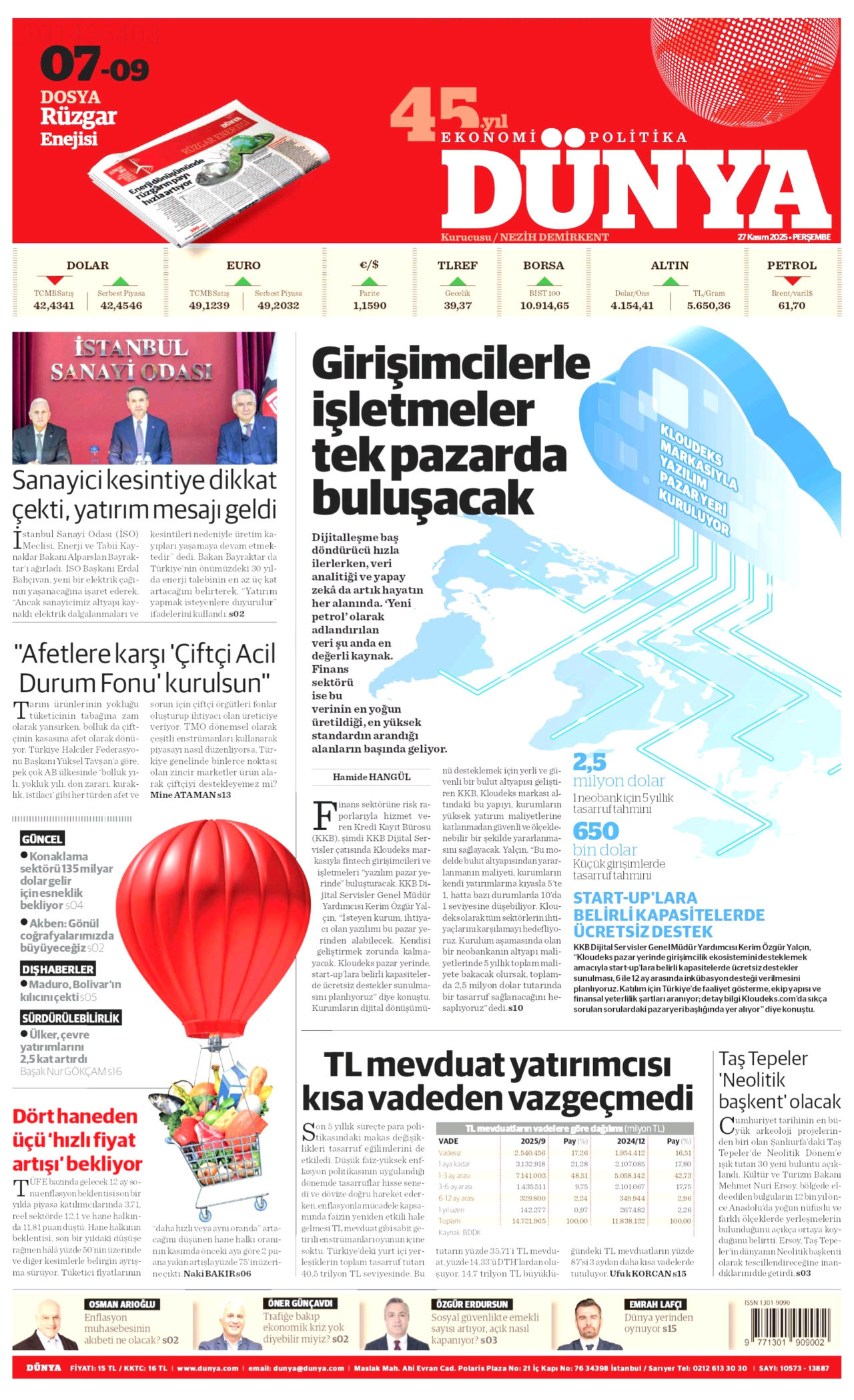 DÜNYA gazetesinin 27 Kasım 2025 tarihli birinci sayfası