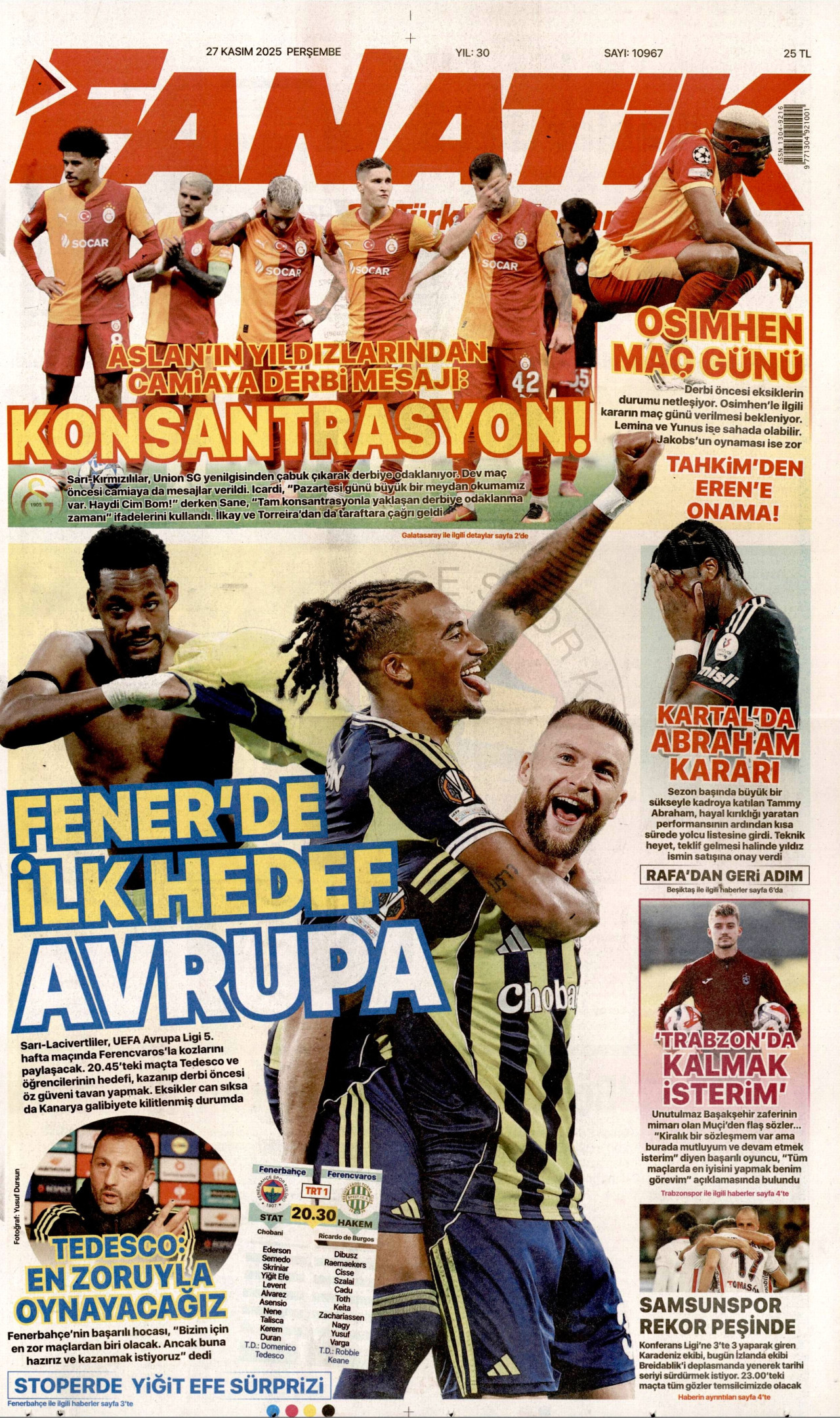 FANATİK gazetesinin 27 Kasım 2025 tarihli birinci sayfası