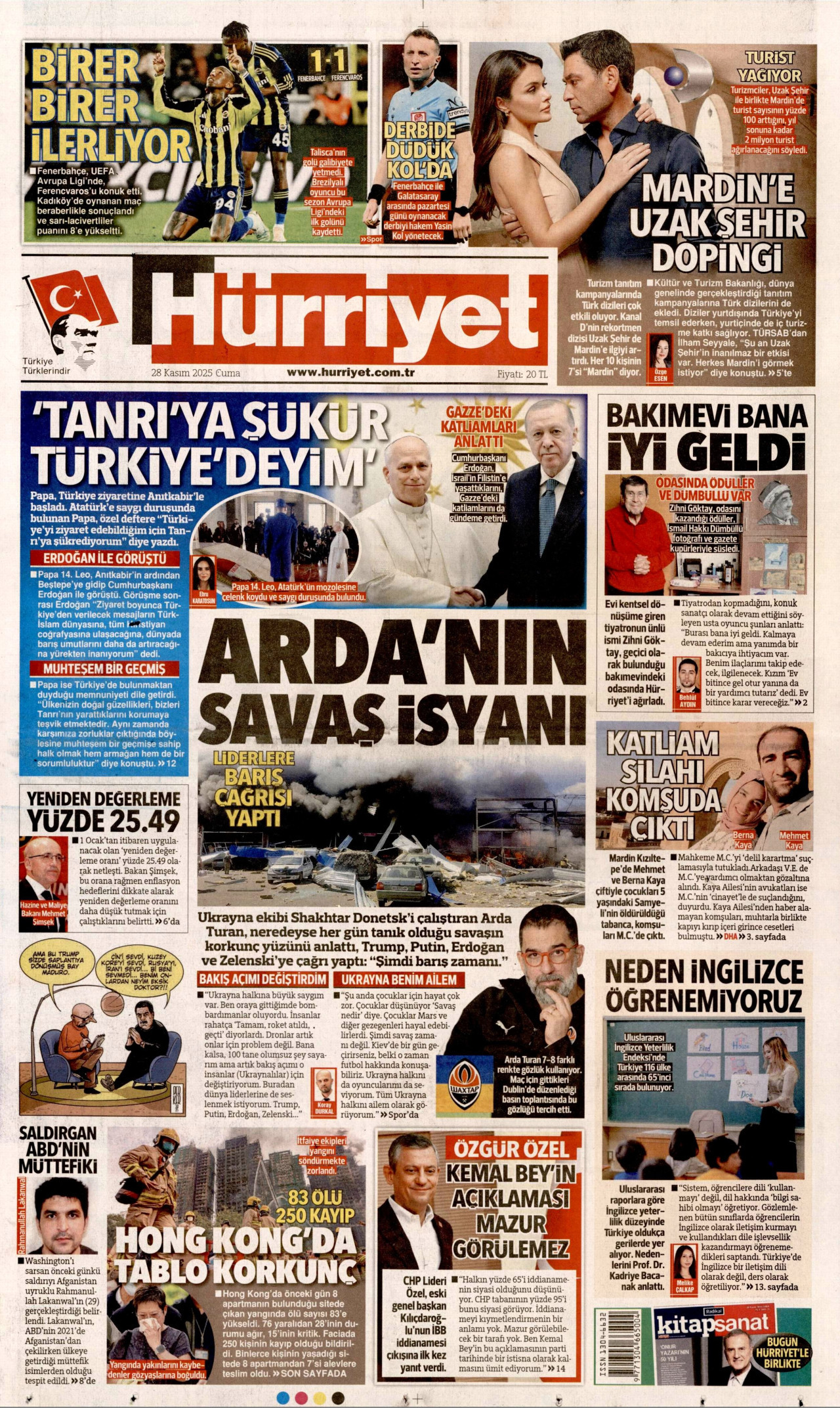 HÜRRİYET gazetesinin 28 Kasım 2025 tarihli birinci sayfası
