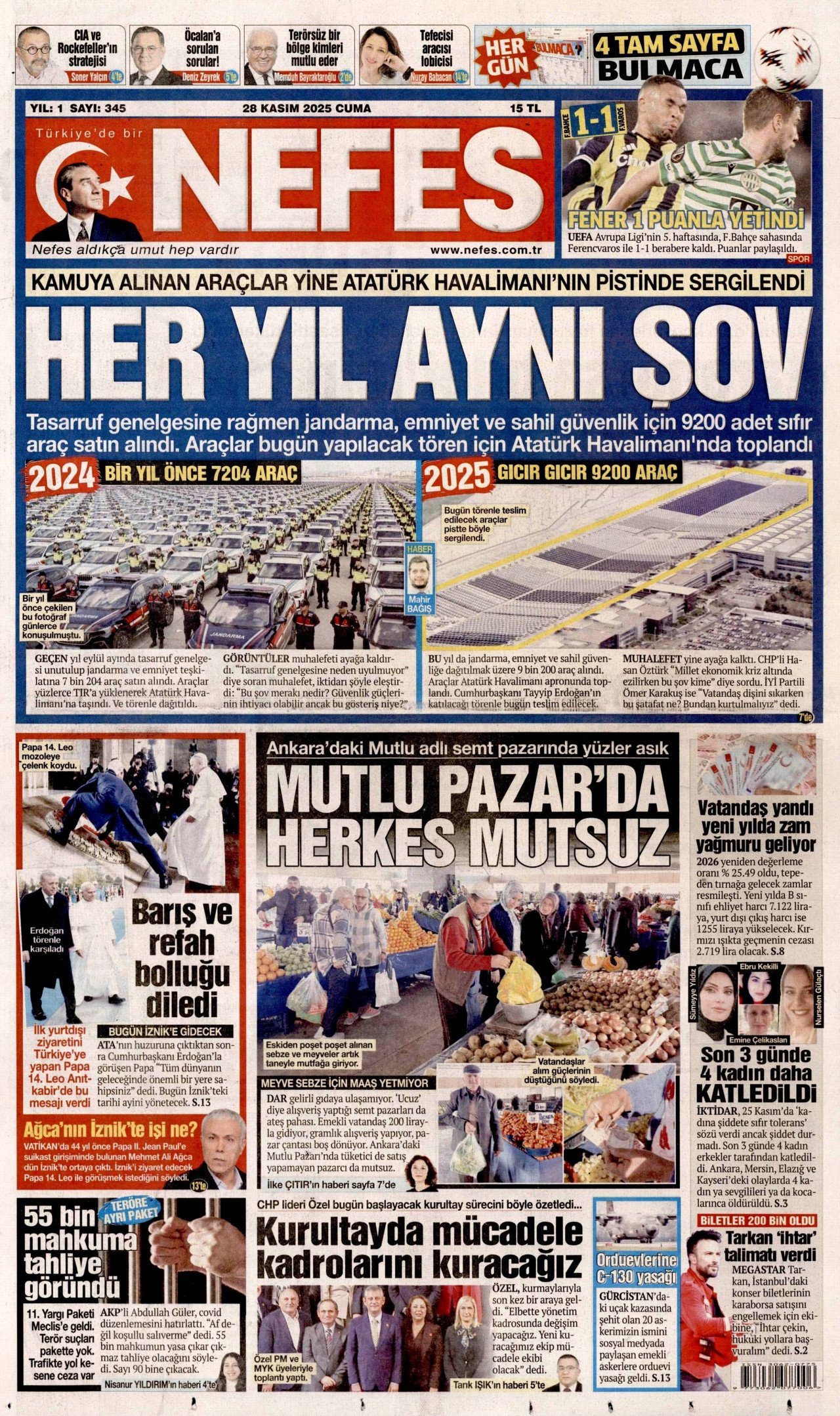 NEFES gazetesinin 28 Kasım 2025 tarihli birinci sayfası