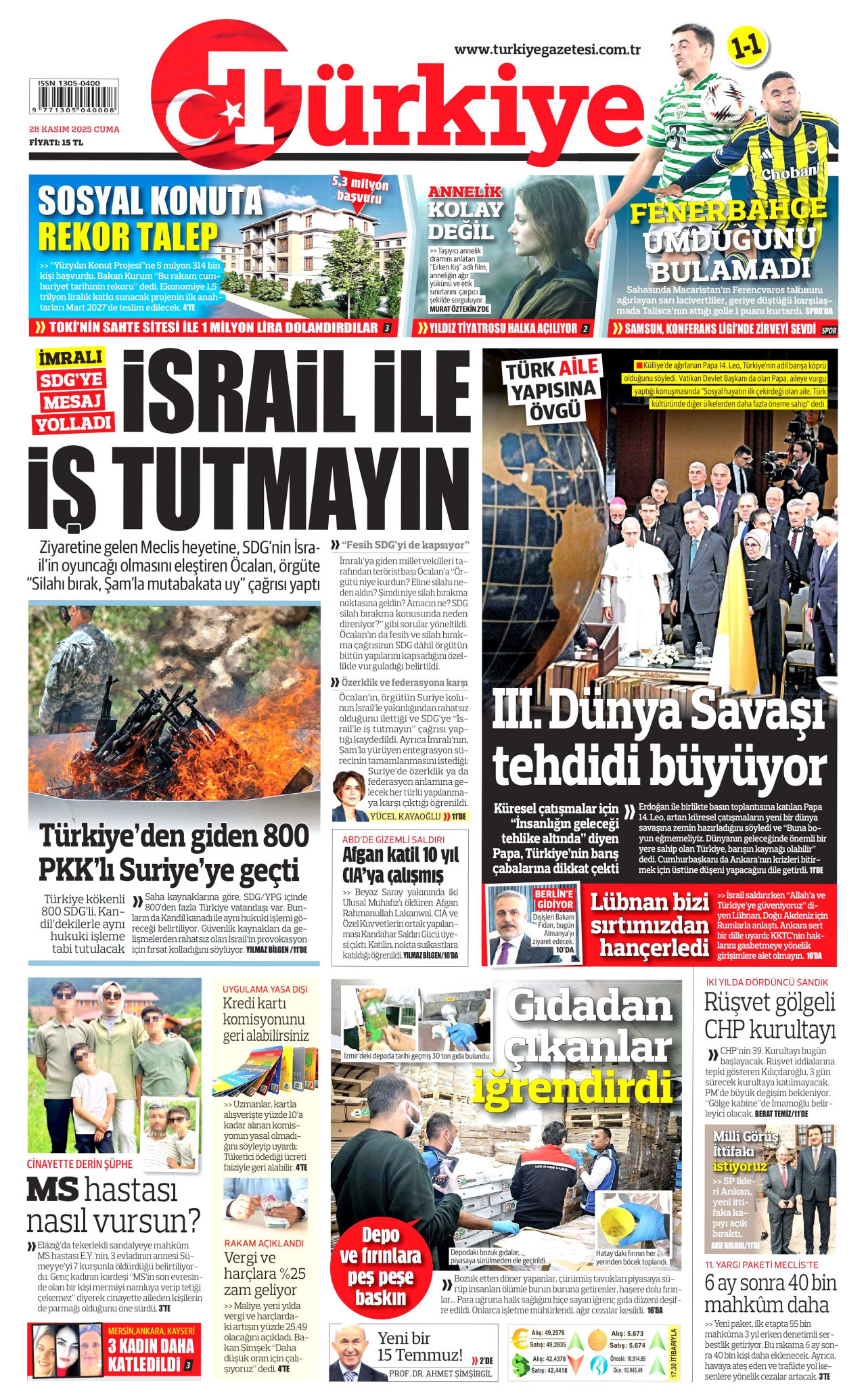 TÜRKİYE GAZETESİ gazetesinin 28 Kasım 2025 tarihli birinci sayfası
