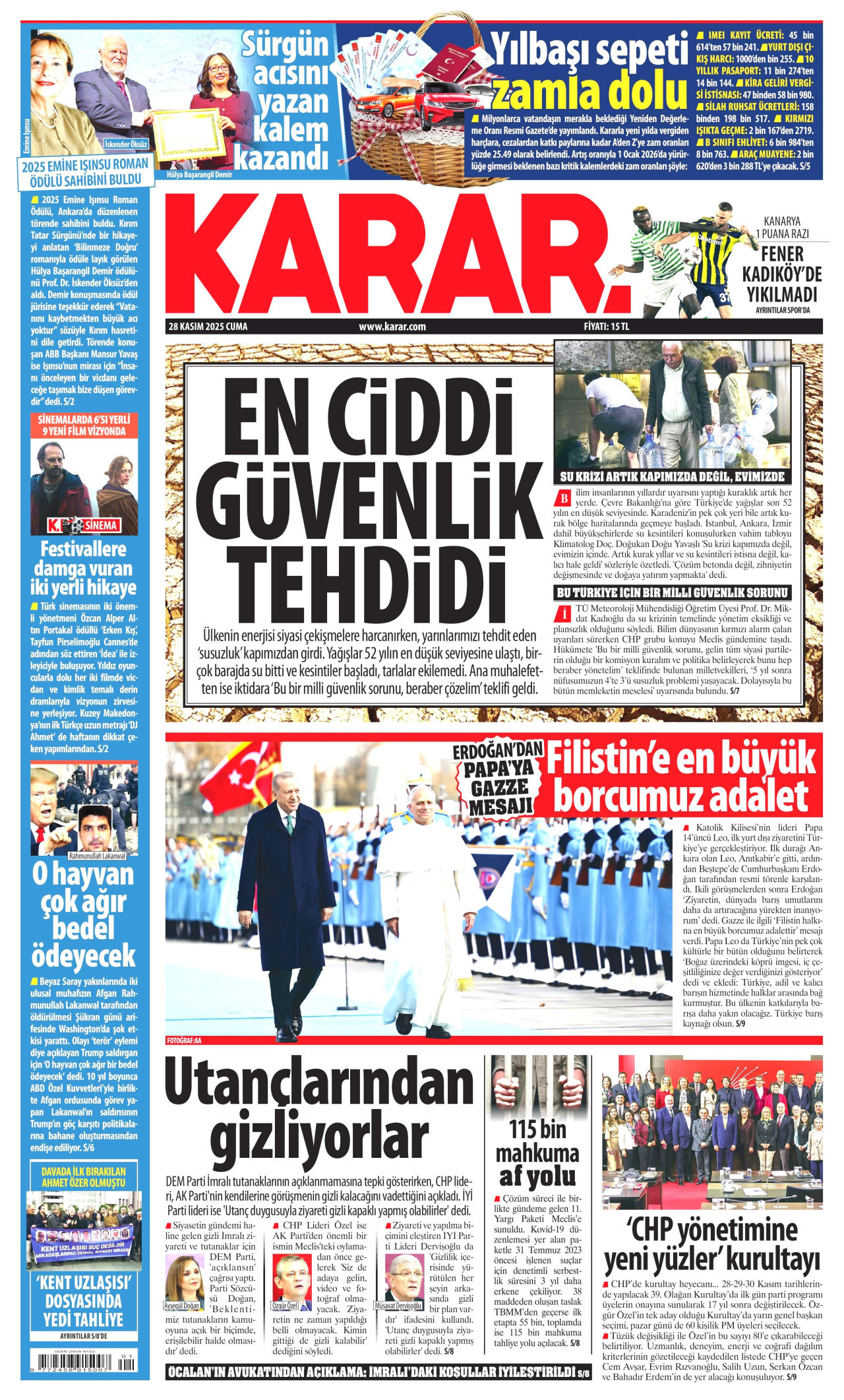 KARAR gazetesinin 28 Kasım 2025 tarihli birinci sayfası