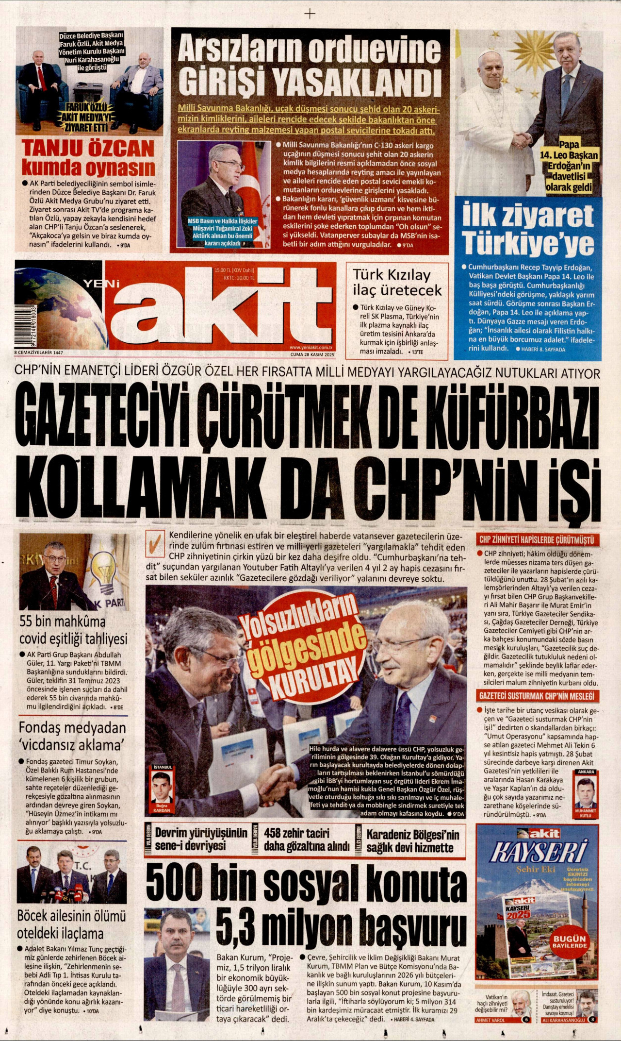 YENİ AKİT gazetesinin 28 Kasım 2025 tarihli birinci sayfası