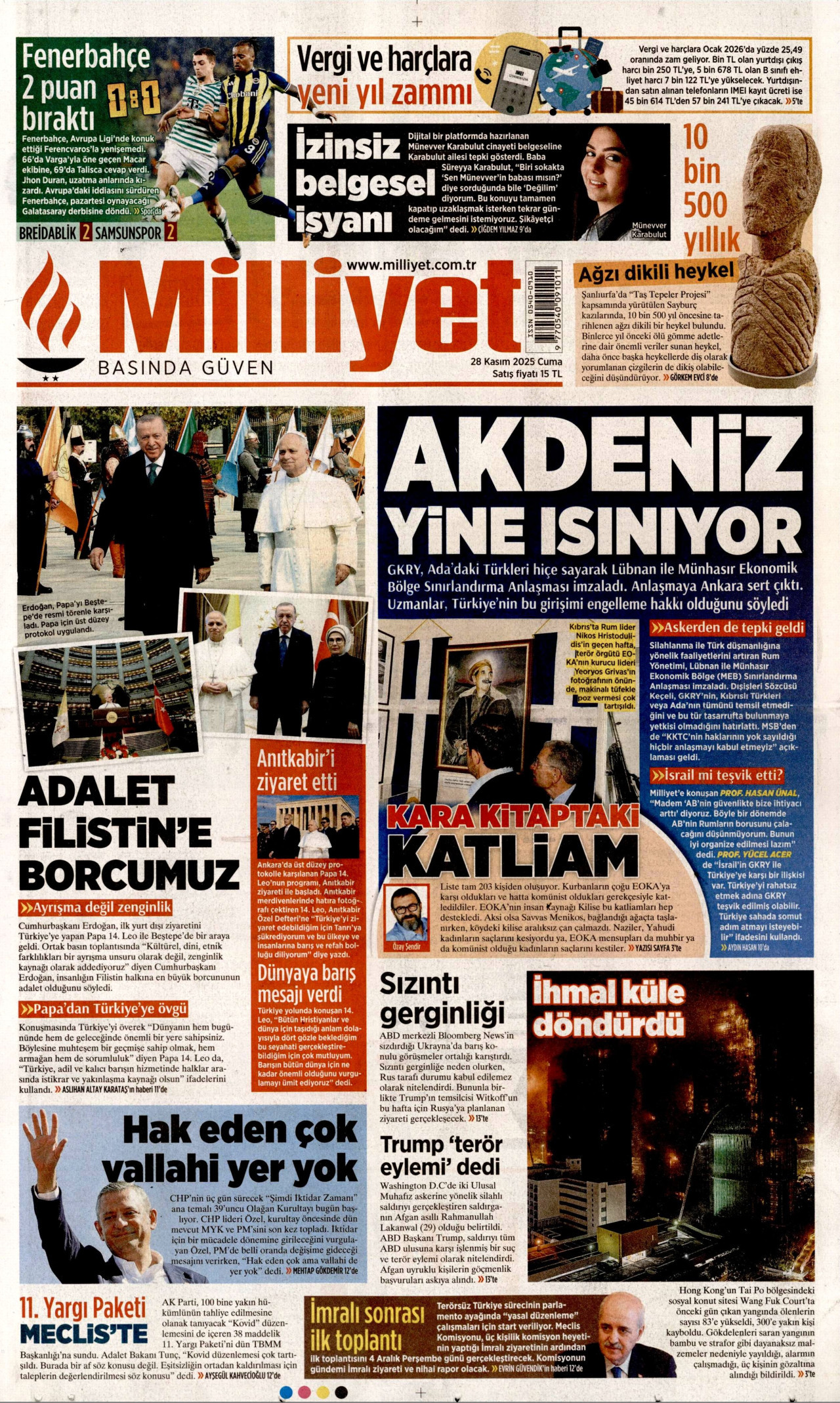 MİLLİYET gazetesinin 28 Kasım 2025 tarihli birinci sayfası