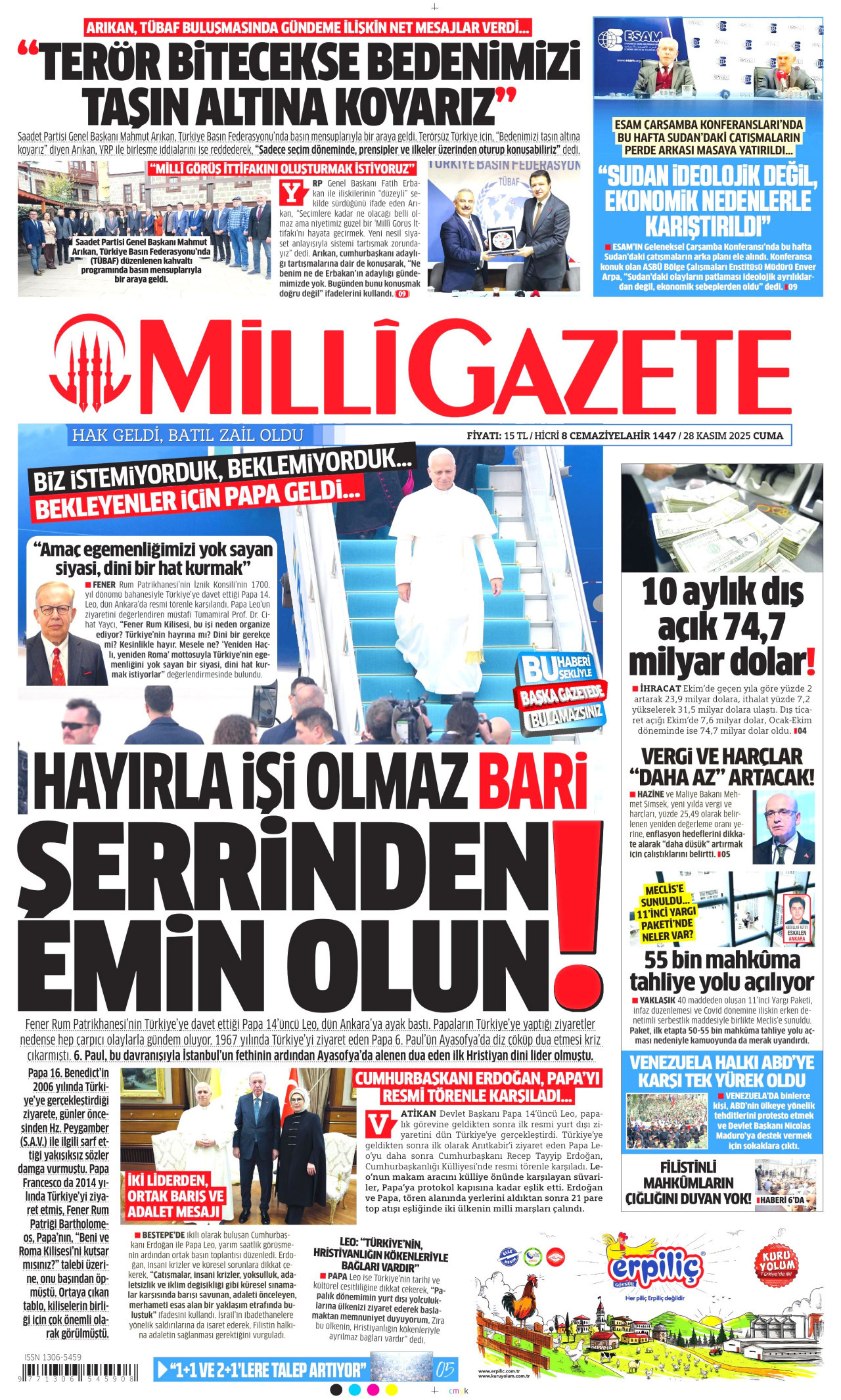 MİLLİ GAZETE gazetesinin 28 Kasım 2025 tarihli birinci sayfası
