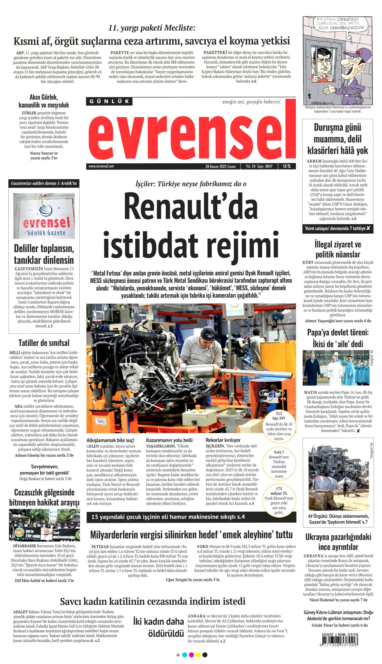 EVRENSEL gazetesinin 28 Kasım 2025 tarihli birinci sayfası