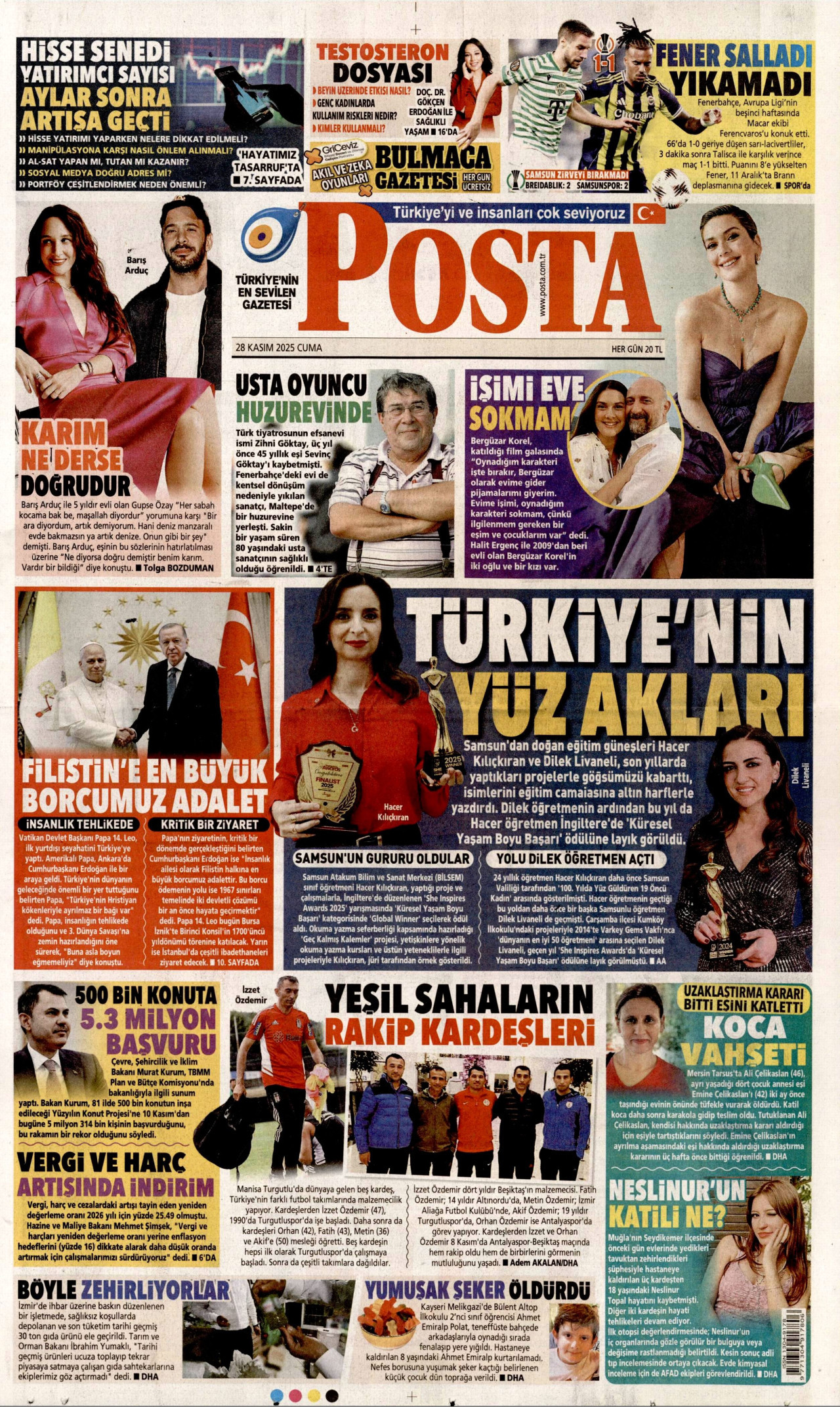 POSTA gazetesinin 28 Kasım 2025 tarihli birinci sayfası