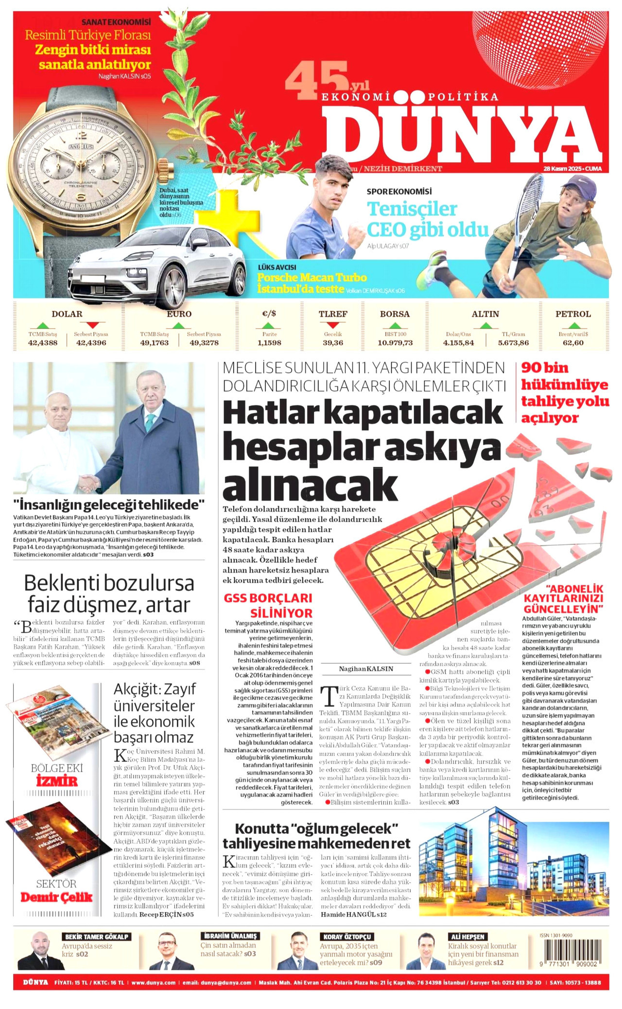 DÜNYA gazetesinin 28 Kasım 2025 tarihli birinci sayfası