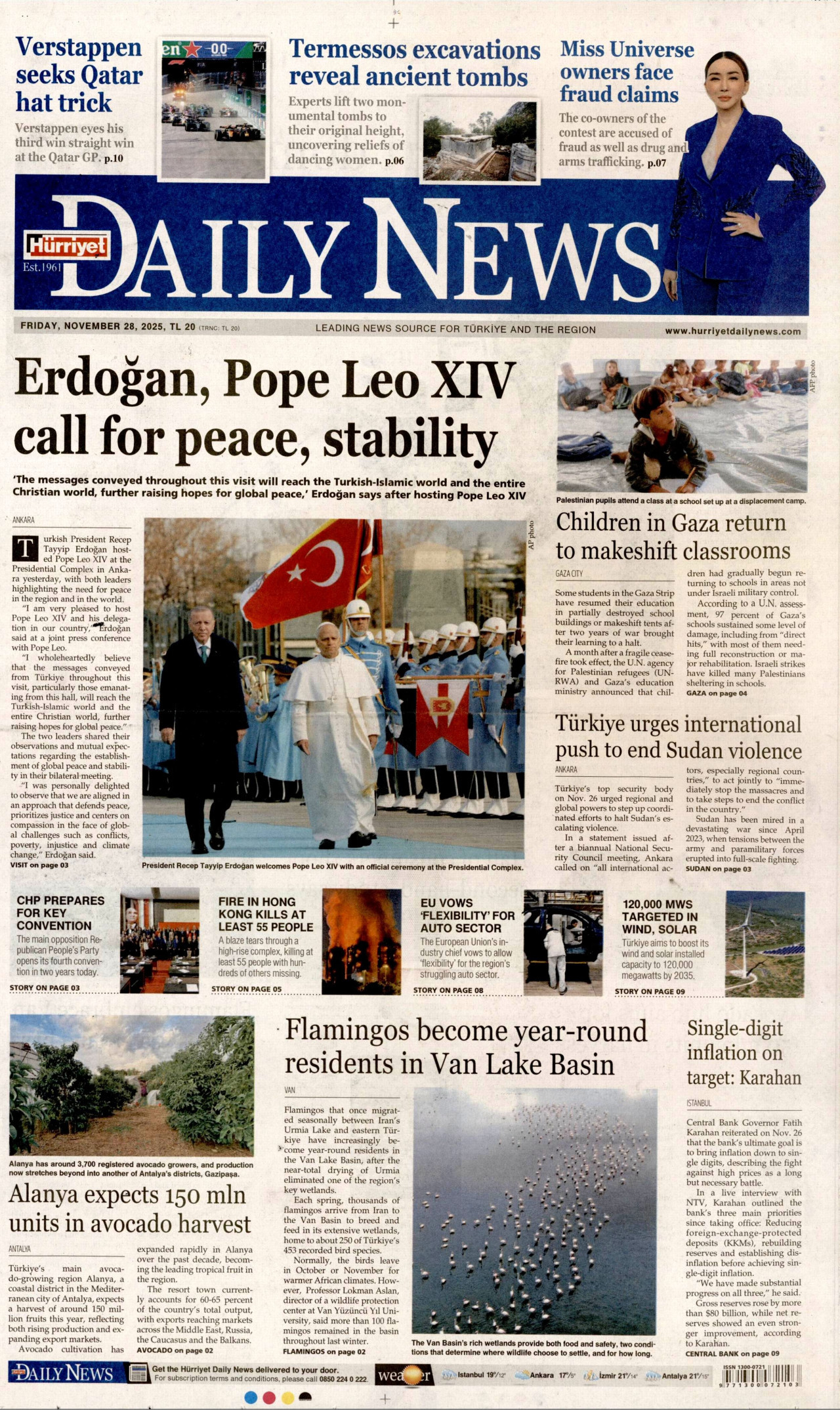 HÜRRİYET DAİLY NEWS gazetesinin 28 Kasım 2025 tarihli birinci sayfası