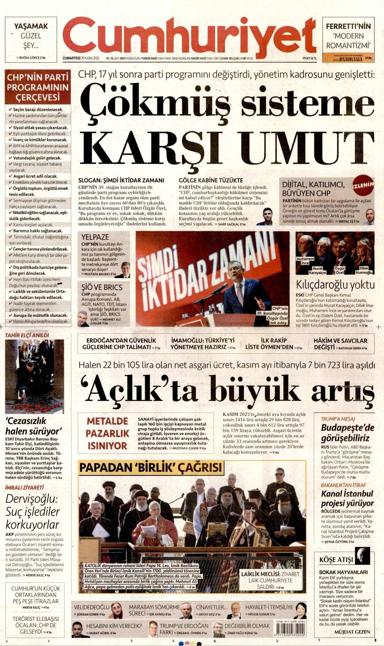 CUMHURİYET gazetesinin 29 Kasım 2025 tarihli birinci sayfası