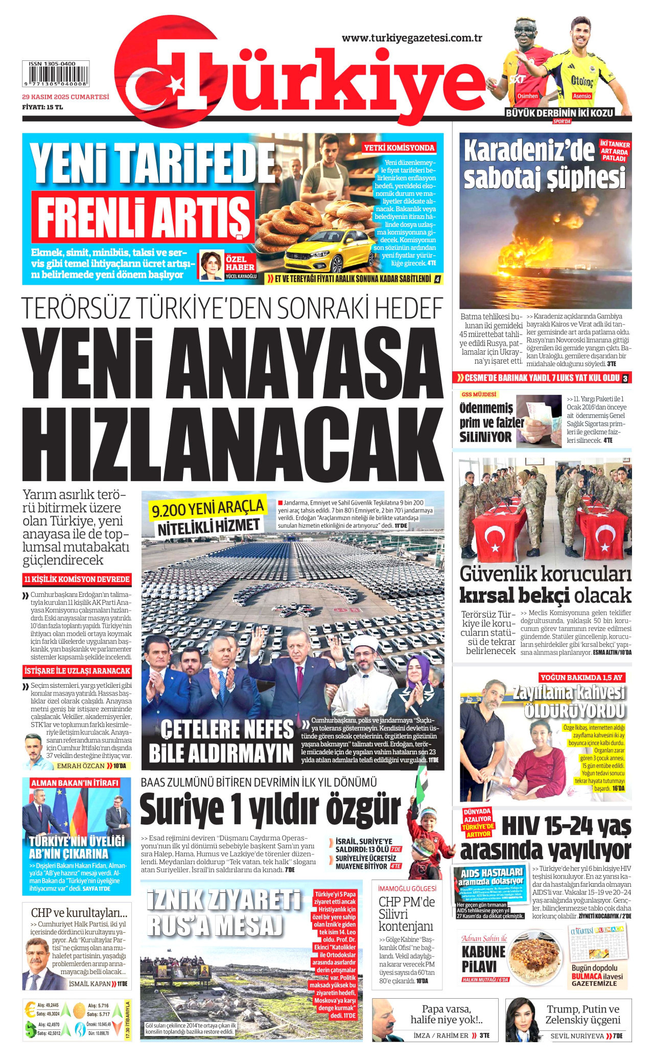 TÜRKİYE GAZETESİ gazetesinin 29 Kasım 2025 tarihli birinci sayfası