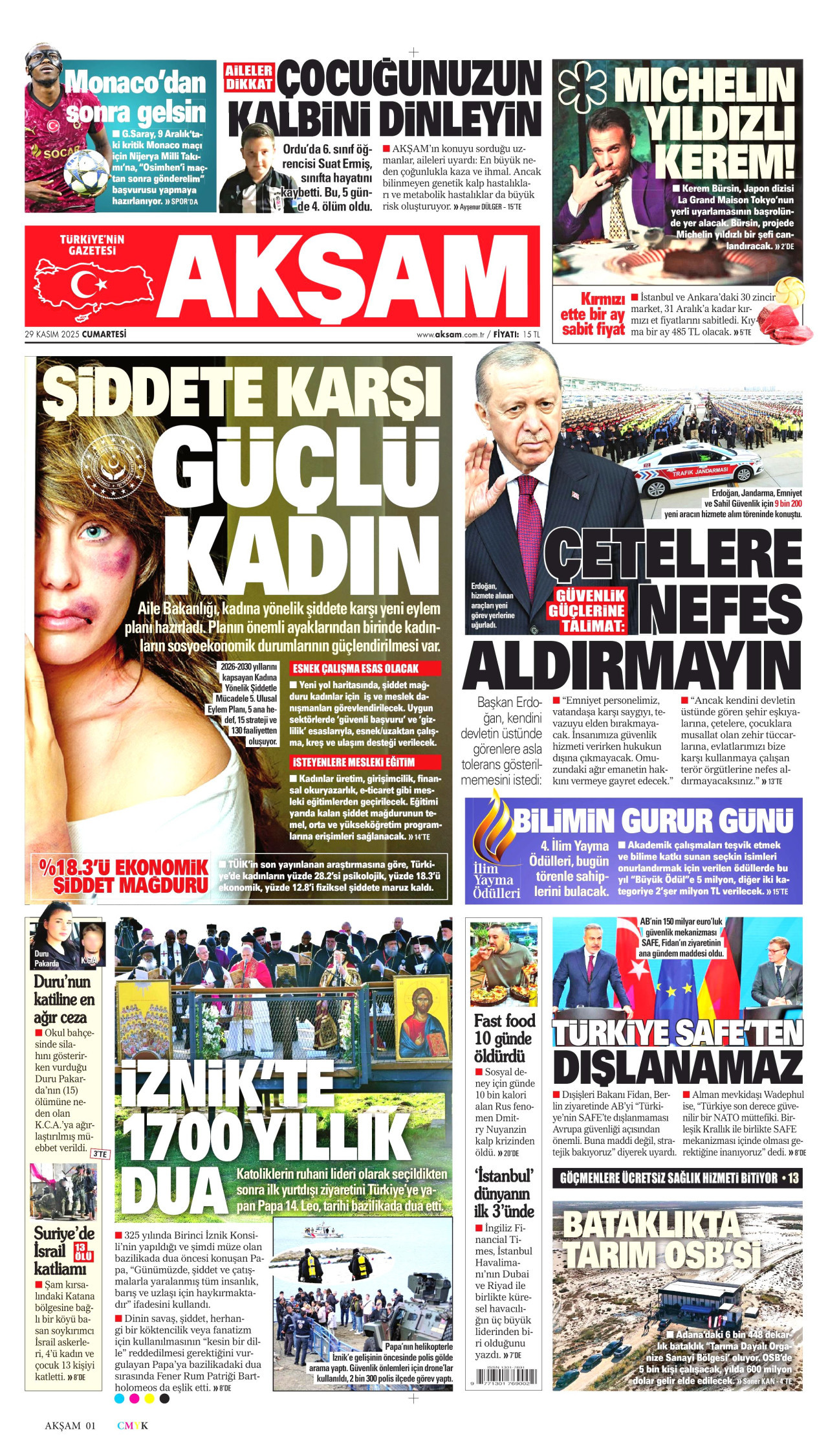 AKŞAM gazetesinin 29 Kasım 2025 tarihli birinci sayfası