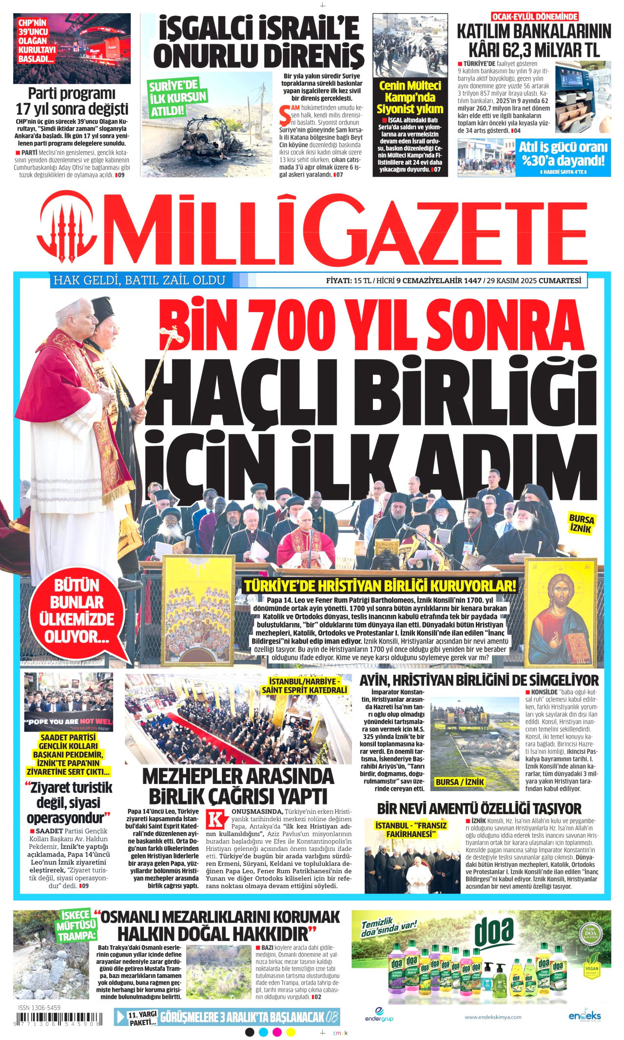 MİLLİ GAZETE gazetesinin 29 Kasım 2025 tarihli birinci sayfası