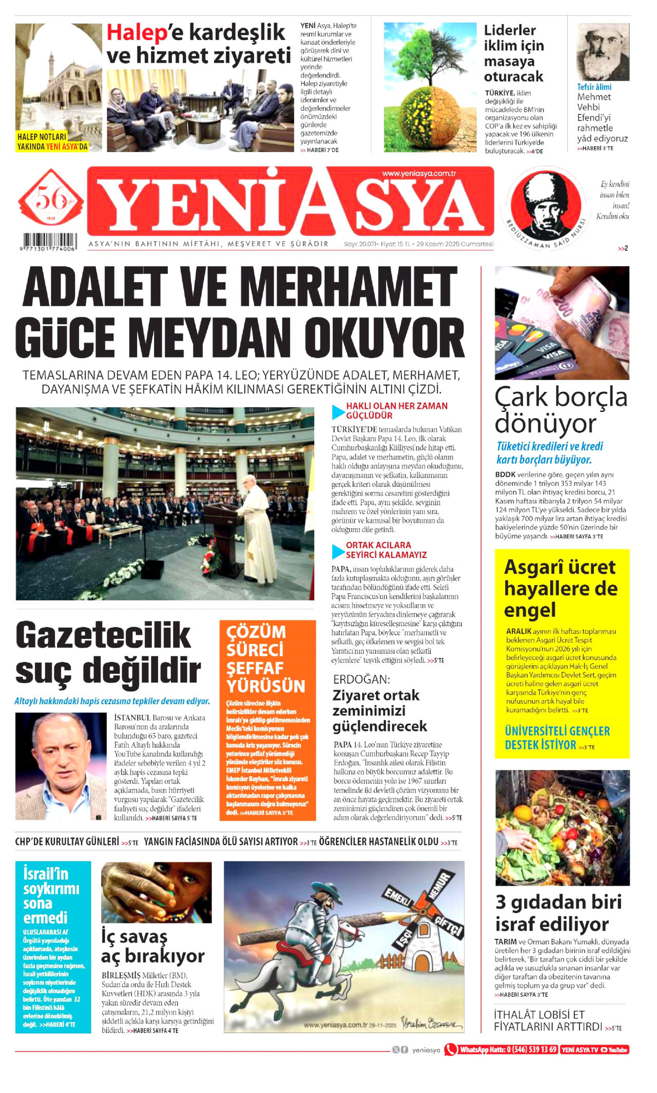 YENİ ASYA gazetesinin 29 Kasım 2025 tarihli birinci sayfası