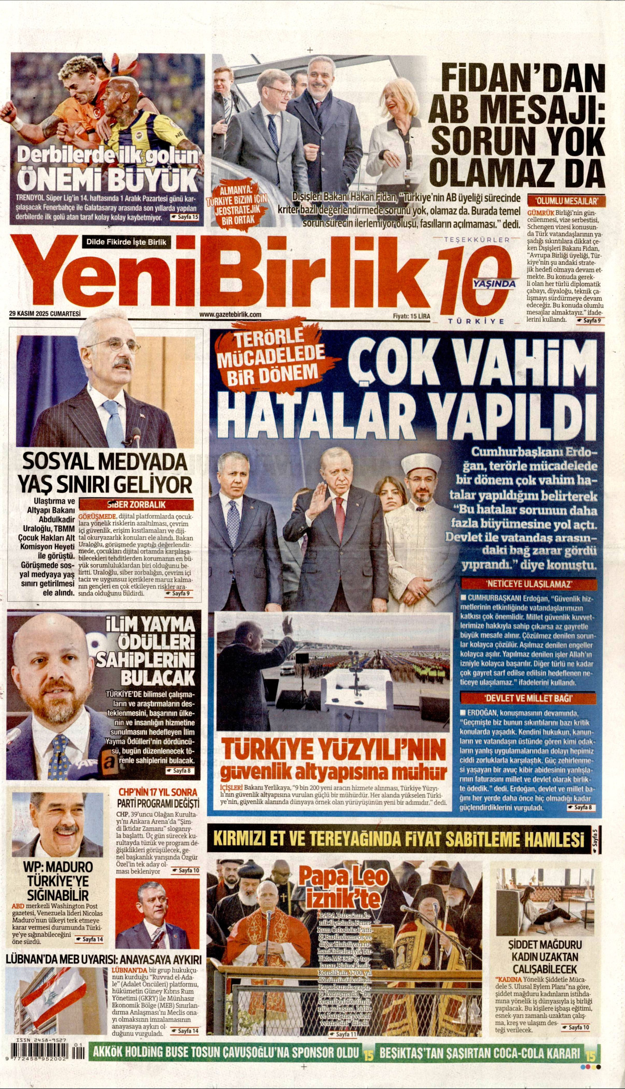 YENİBİRLİK gazetesinin 29 Kasım 2025 tarihli birinci sayfası