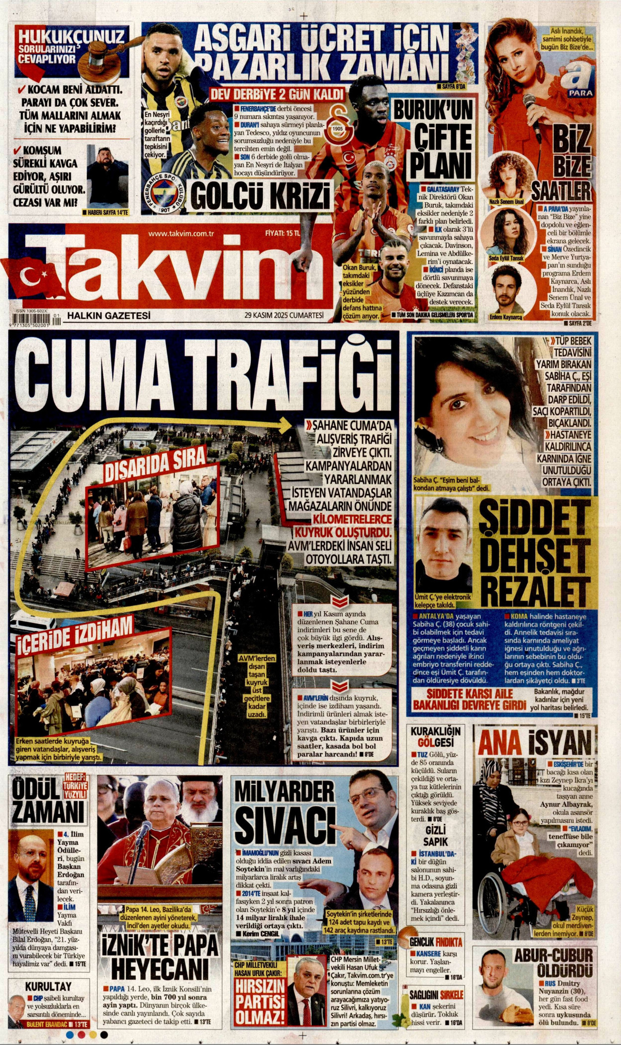 TAKVİM gazetesinin 29 Kasım 2025 tarihli birinci sayfası