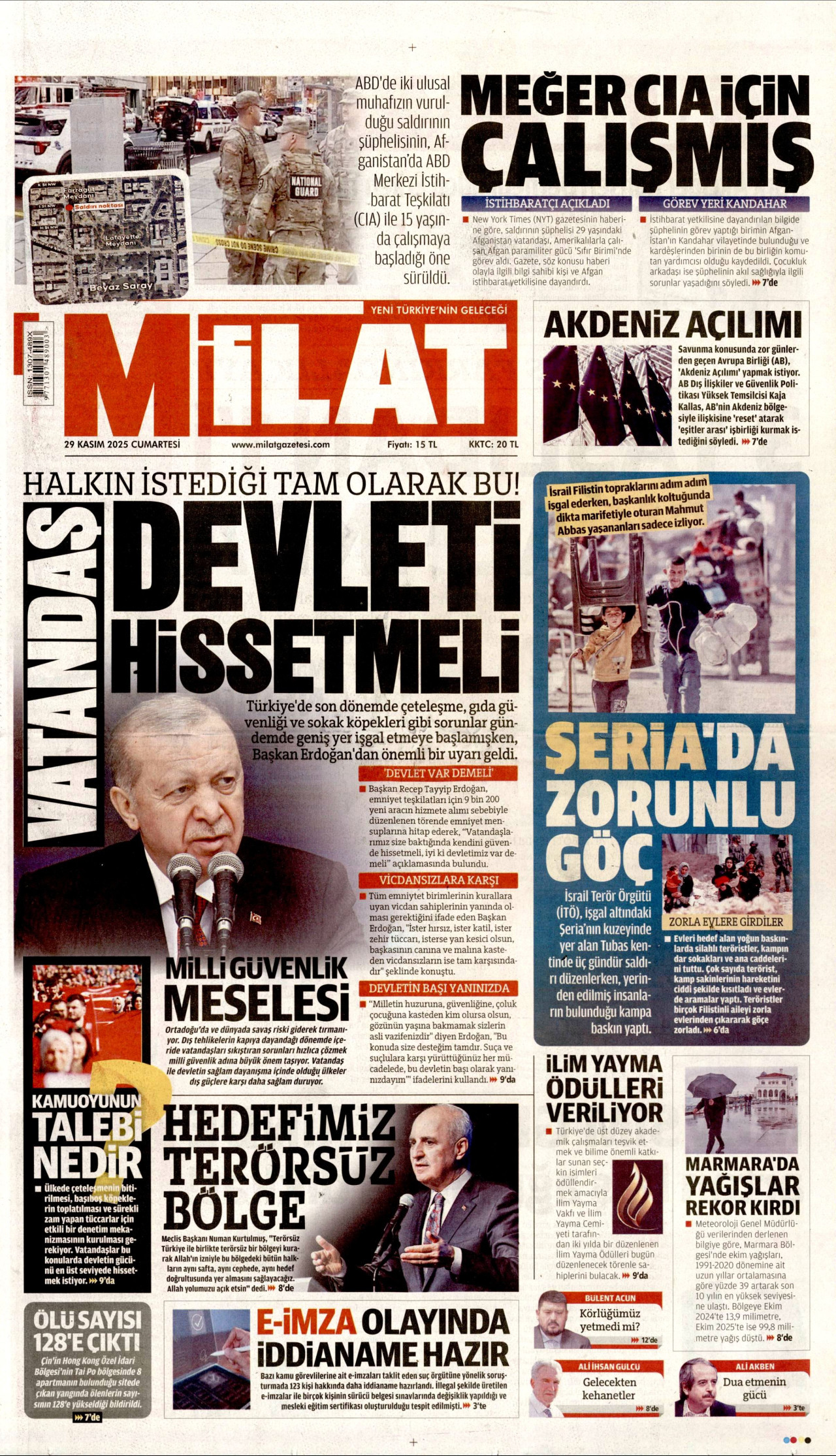 MİLAT gazetesinin 29 Kasım 2025 tarihli birinci sayfası