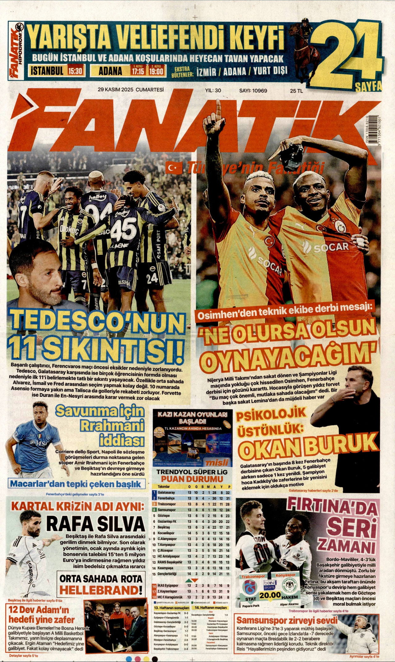 FANATİK gazetesinin 29 Kasım 2025 tarihli birinci sayfası