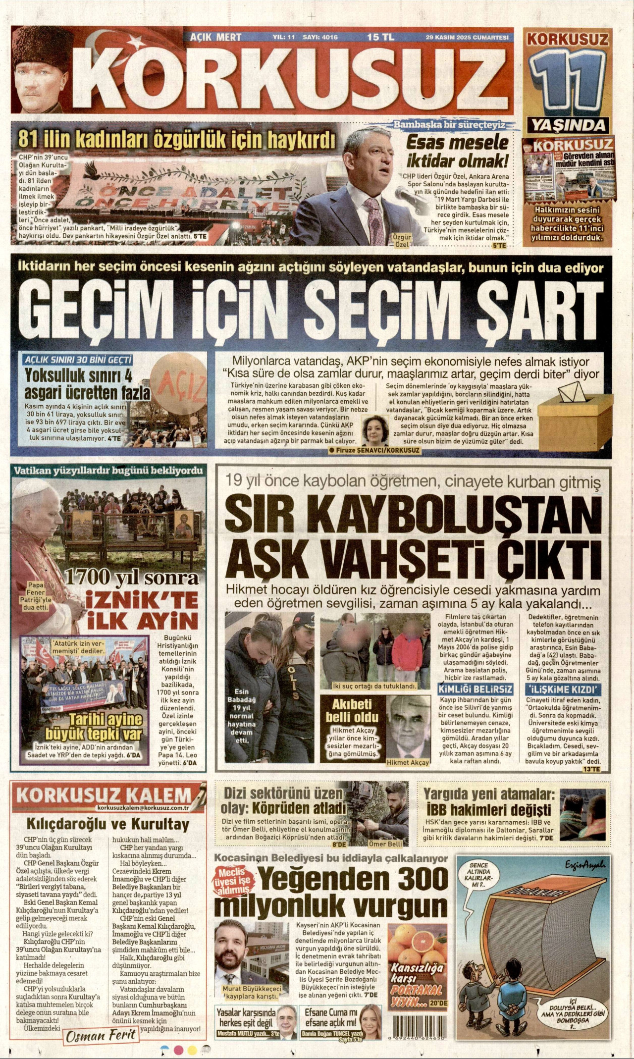 KORKUSUZ gazetesinin 29 Kasım 2025 tarihli birinci sayfası