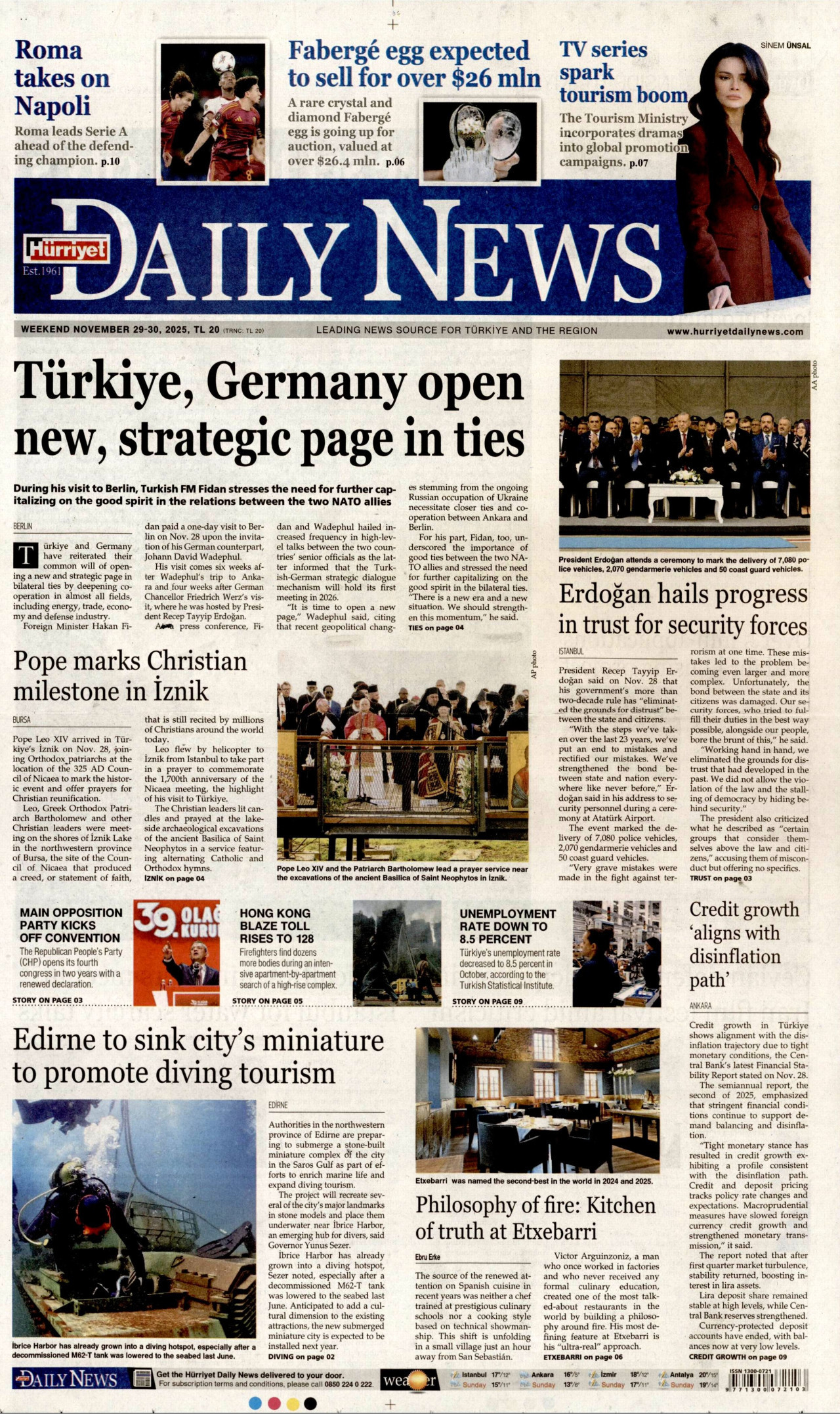 HÜRRİYET DAİLY NEWS gazetesinin 29 Kasım 2025 tarihli birinci sayfası