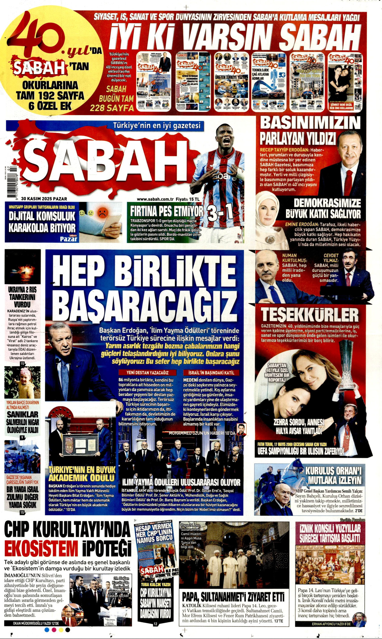 SABAH gazetesinin 30 Kasım 2025 tarihli birinci sayfası