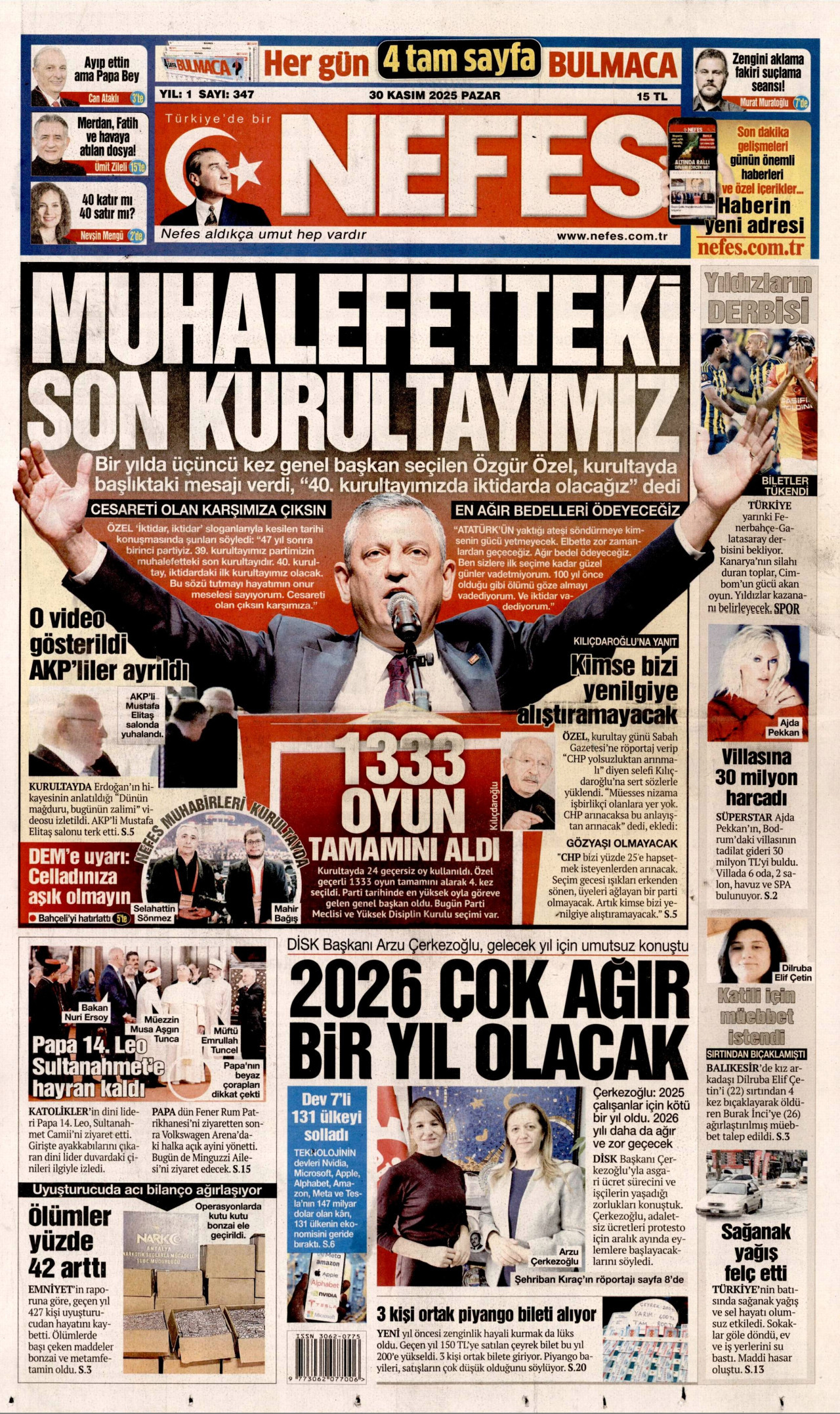 NEFES gazetesinin 30 Kasım 2025 tarihli birinci sayfası