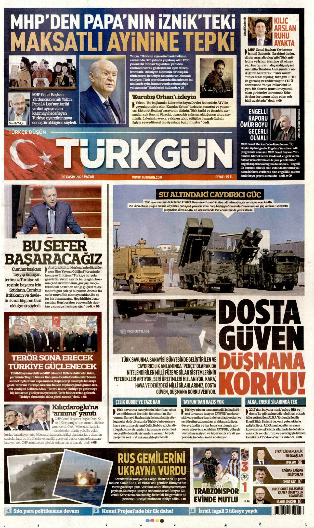 TÜRKGÜN gazetesinin 30 Kasım 2025 tarihli birinci sayfası
