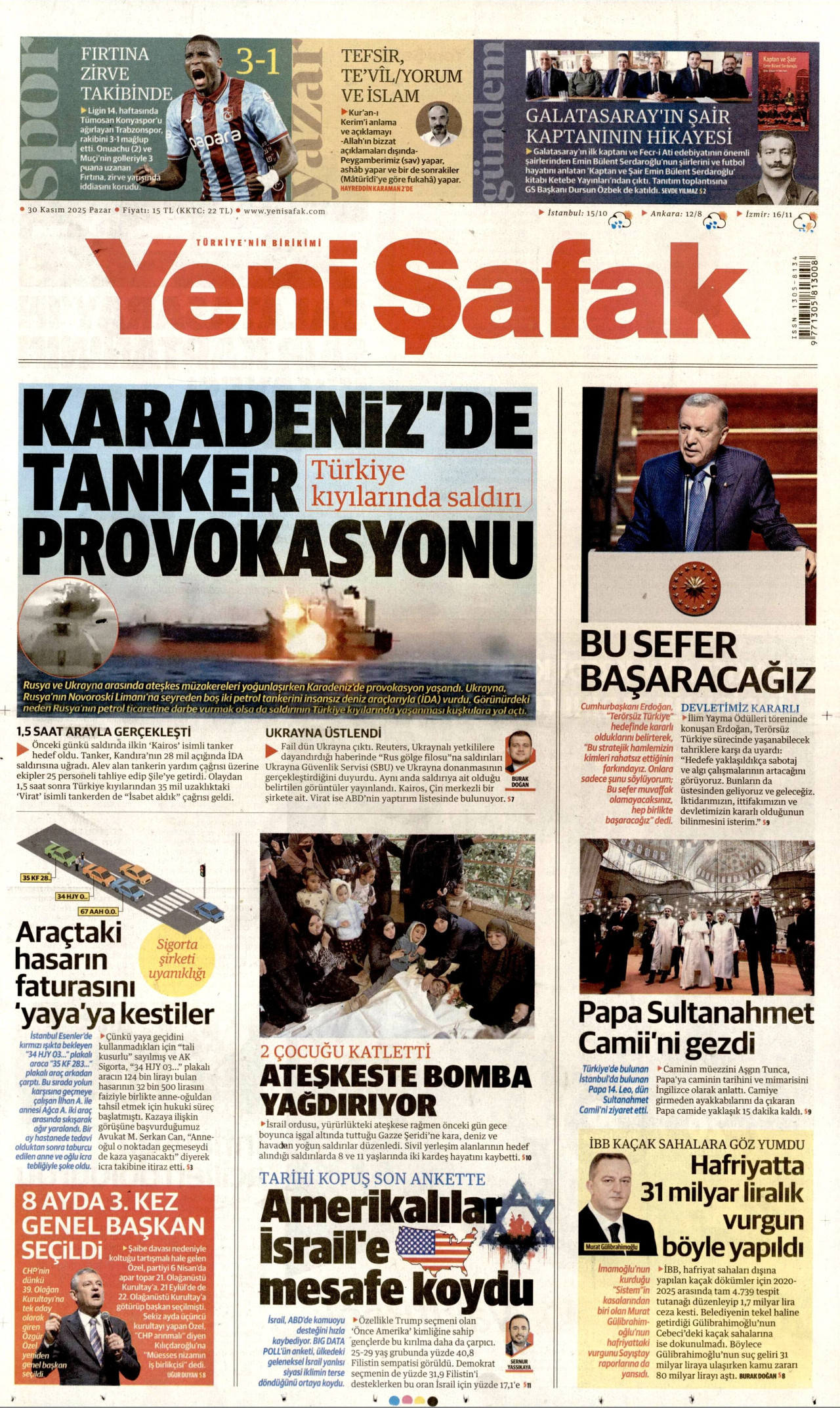 YENİ ŞAFAK gazetesinin 30 Kasım 2025 tarihli birinci sayfası