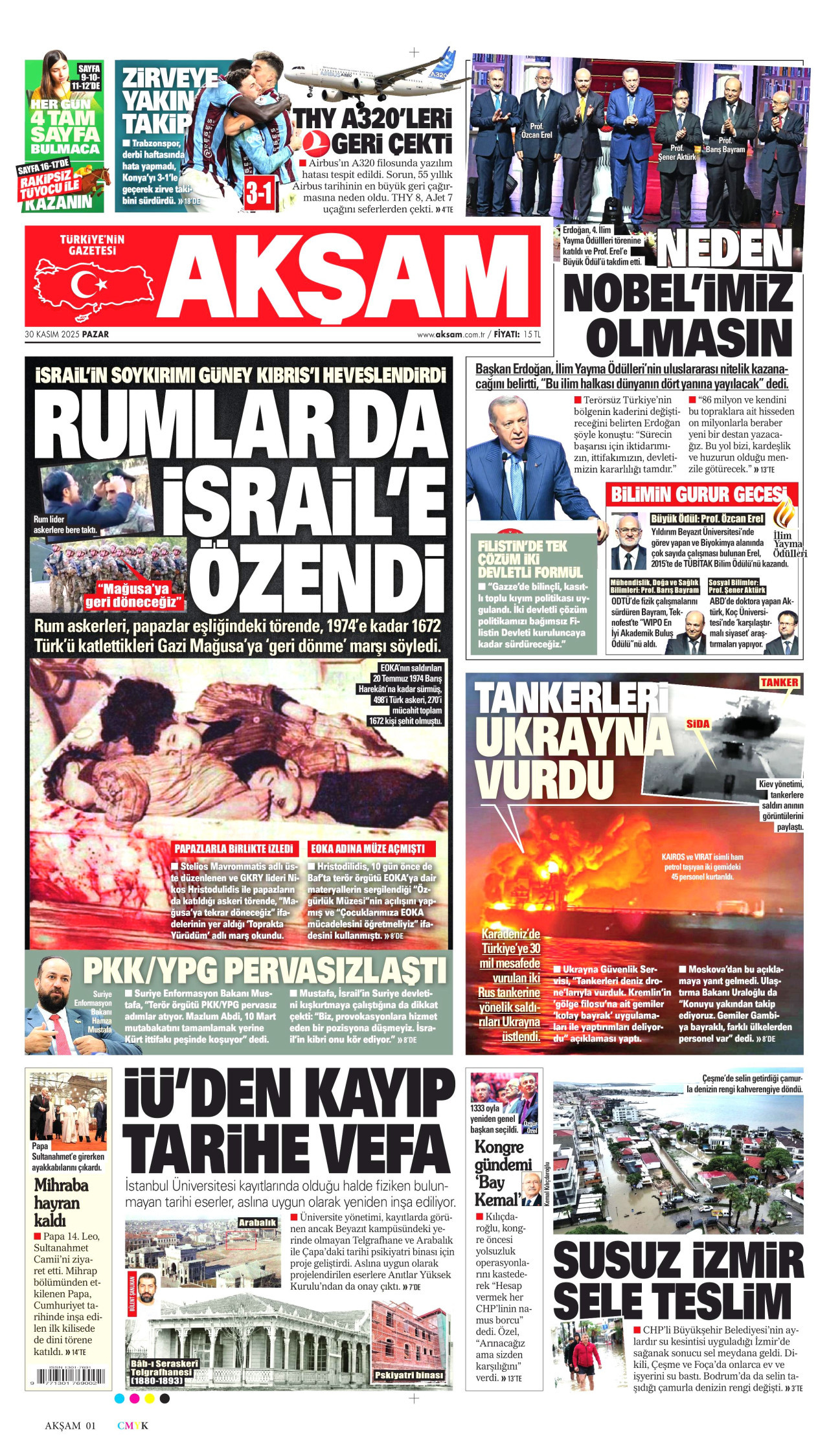 AKŞAM gazetesinin 30 Kasım 2025 tarihli birinci sayfası