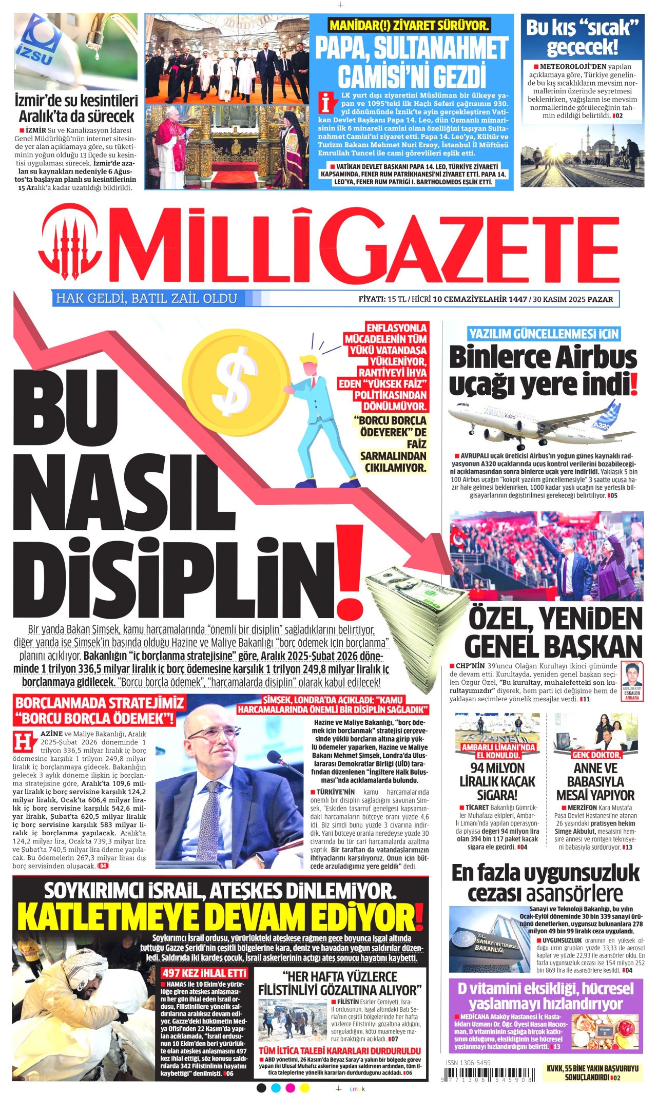 MİLLİ GAZETE gazetesinin 30 Kasım 2025 tarihli birinci sayfası