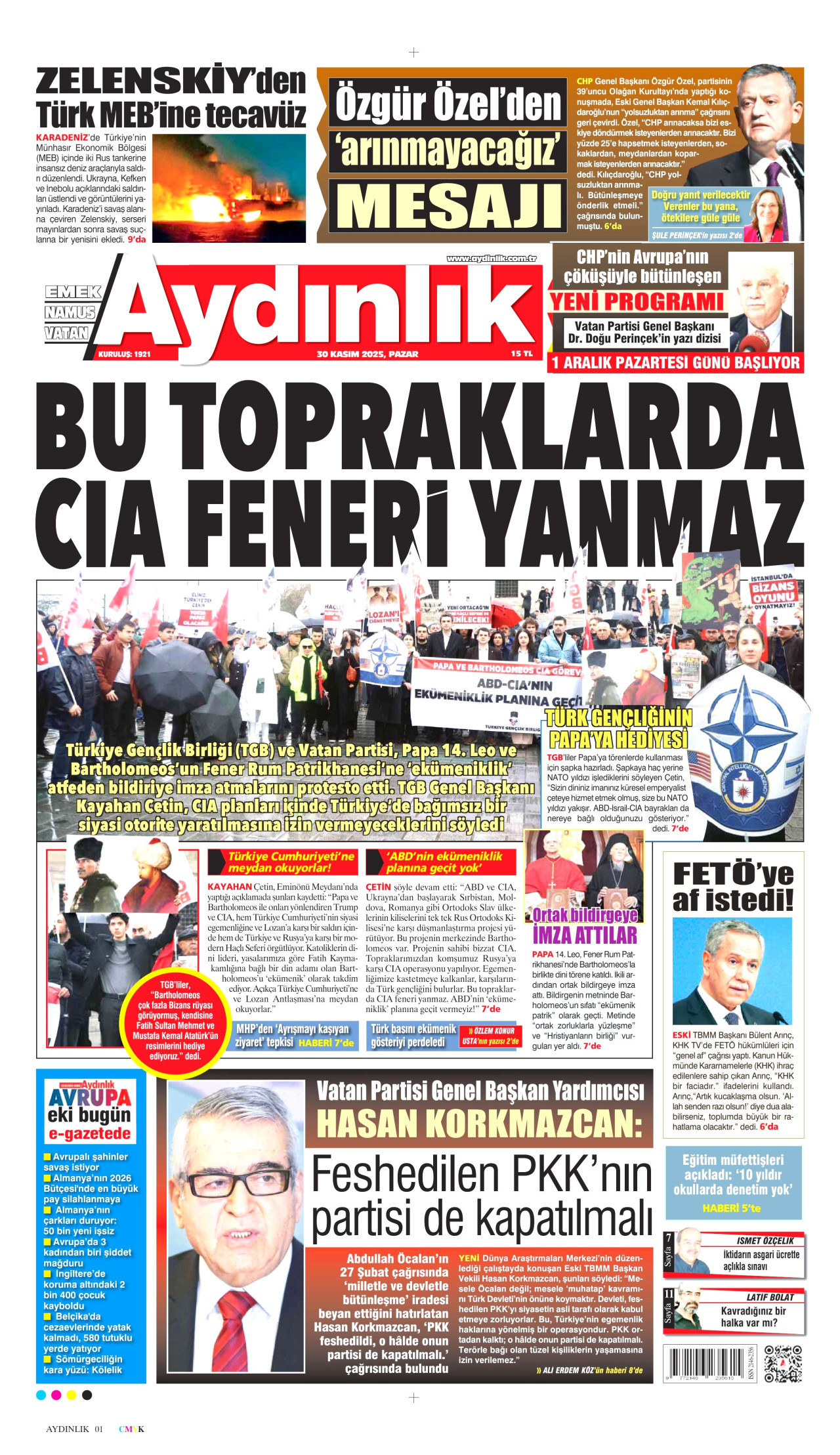 AYDINLIK GAZETESİ gazetesinin 30 Kasım 2025 tarihli birinci sayfası