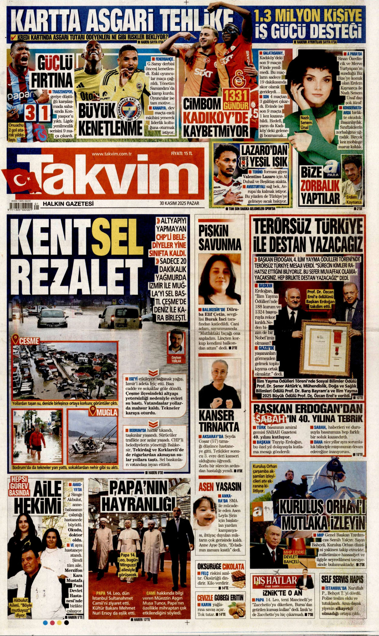 TAKVİM gazetesinin 30 Kasım 2025 tarihli birinci sayfası