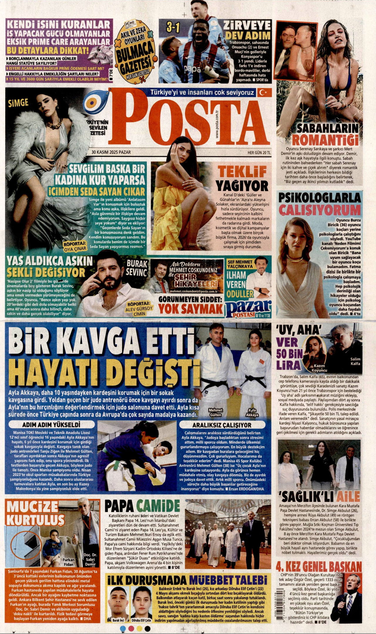 POSTA gazetesinin 30 Kasım 2025 tarihli birinci sayfası