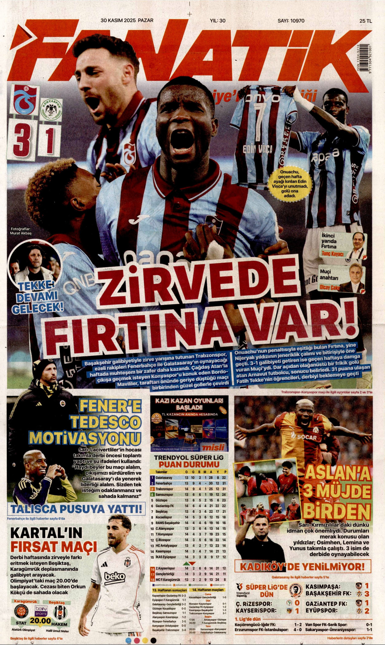 FANATİK gazetesinin 30 Kasım 2025 tarihli birinci sayfası