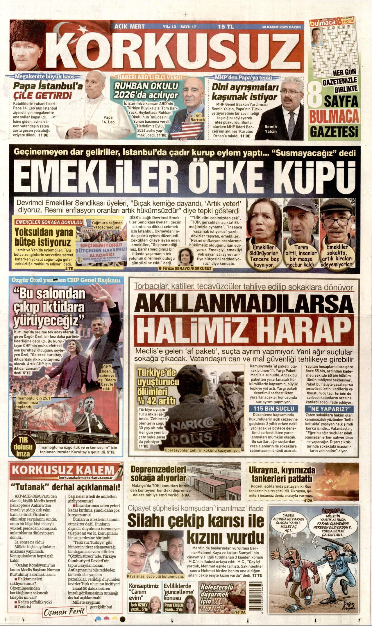 KORKUSUZ gazetesinin 30 Kasım 2025 tarihli birinci sayfası