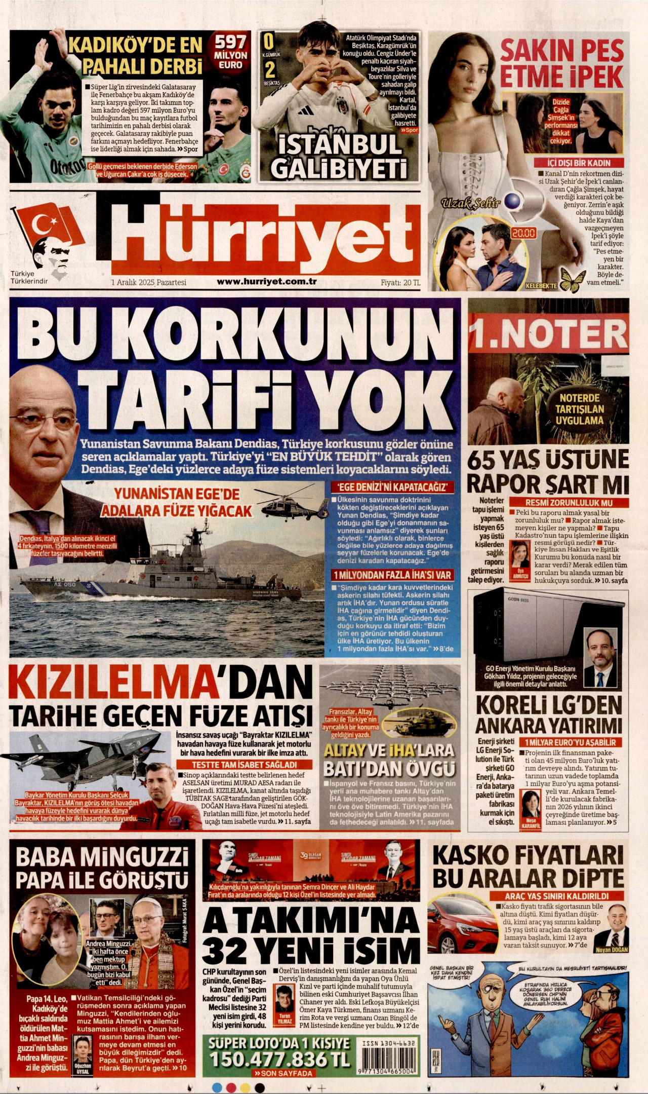 HÜRRİYET gazetesinin 1 Aralık 2025 tarihli birinci sayfası