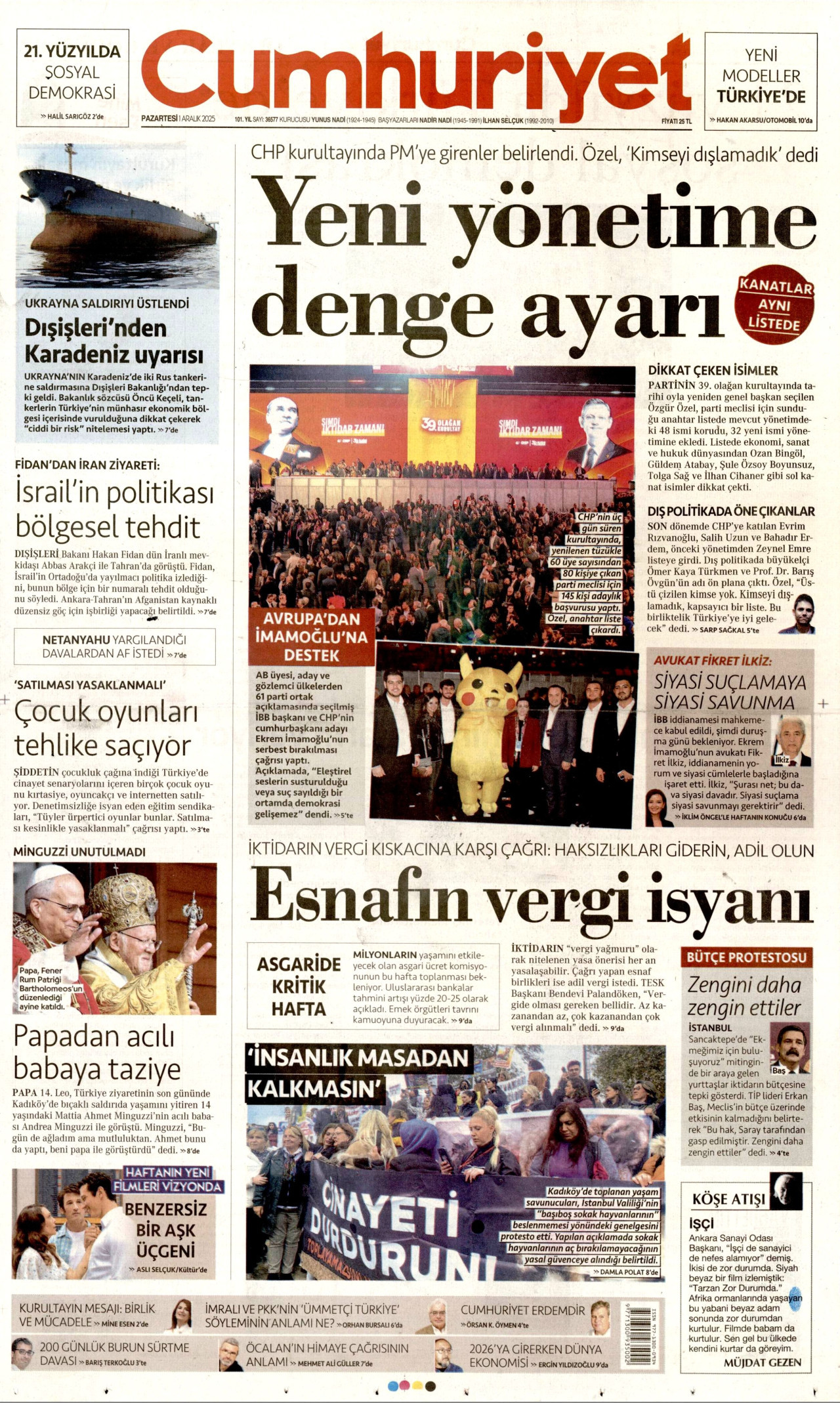 CUMHURİYET gazetesinin 1 Aralık 2025 tarihli birinci sayfası