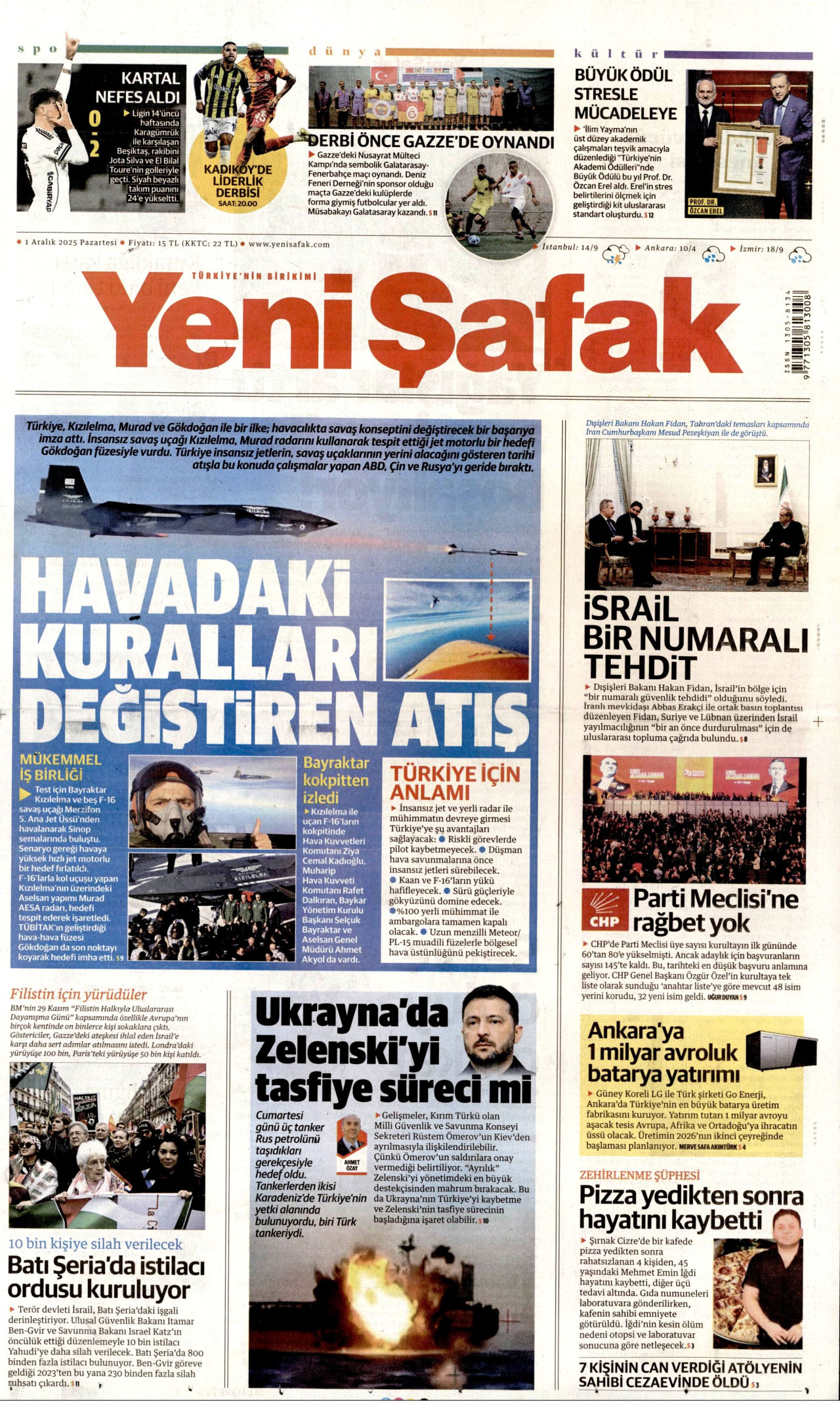 YENİ ŞAFAK gazetesinin 1 Aralık 2025 tarihli birinci sayfası