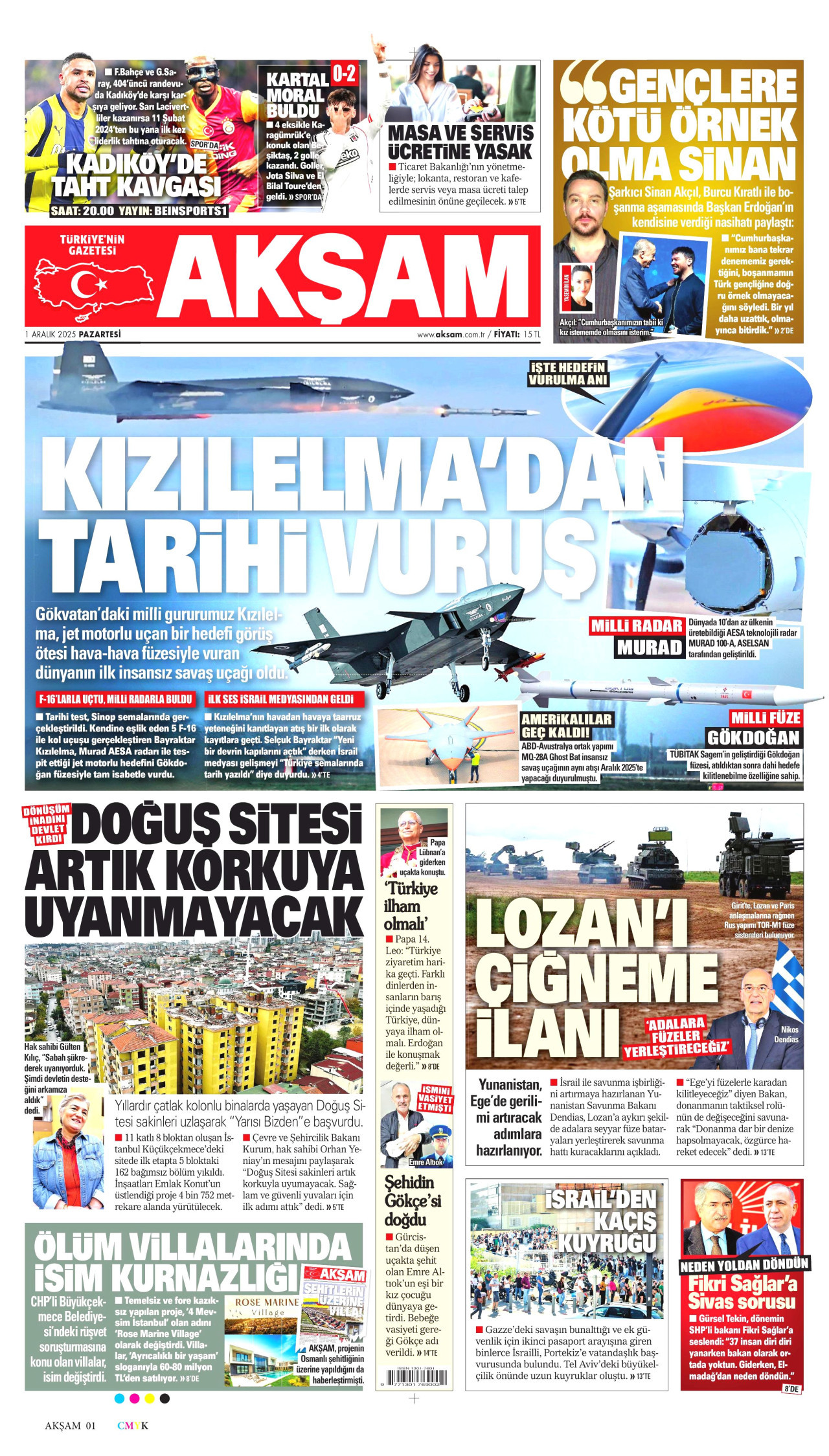 AKŞAM gazetesinin 1 Aralık 2025 tarihli birinci sayfası