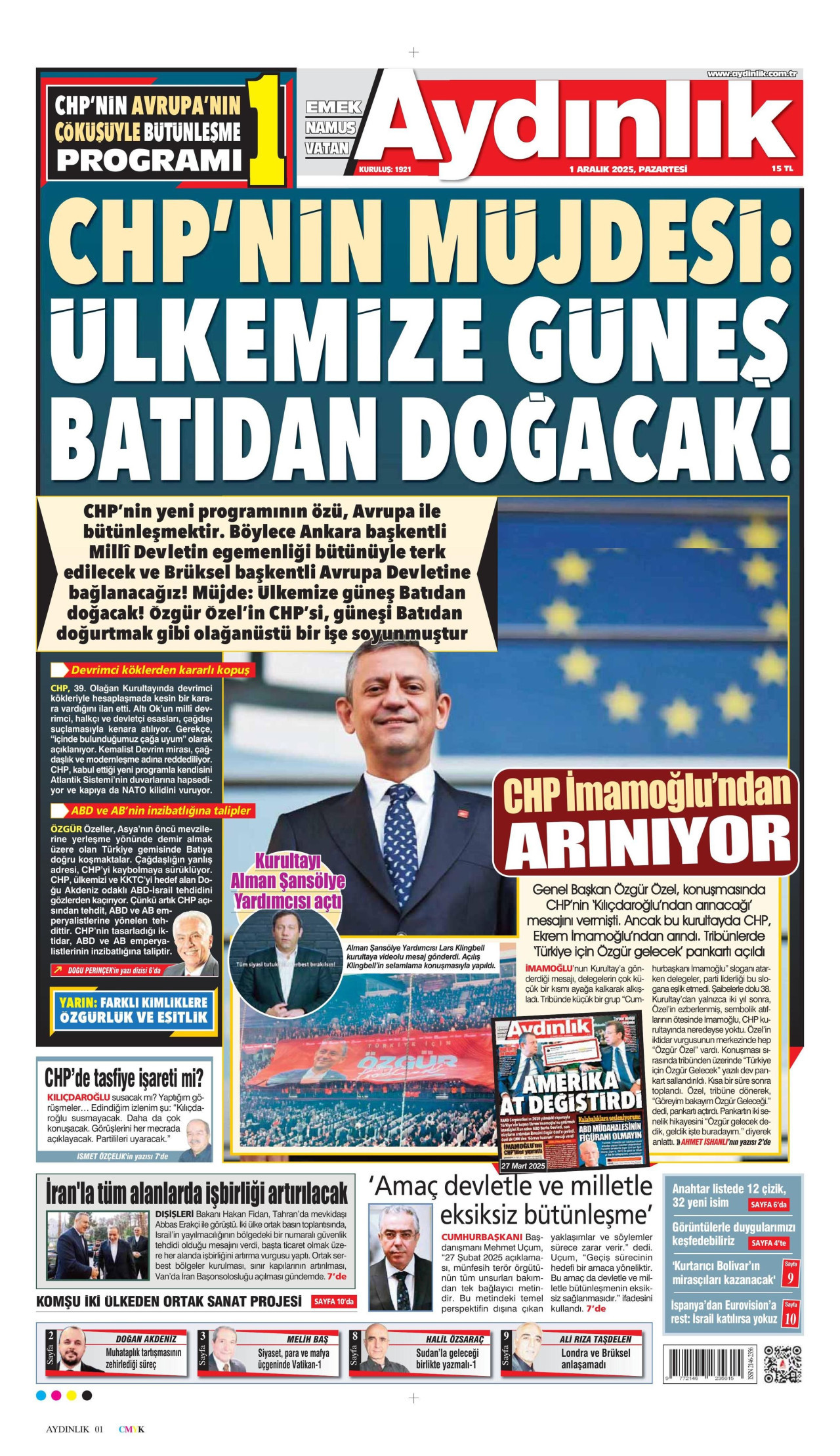 AYDINLIK GAZETESİ gazetesinin 1 Aralık 2025 tarihli birinci sayfası
