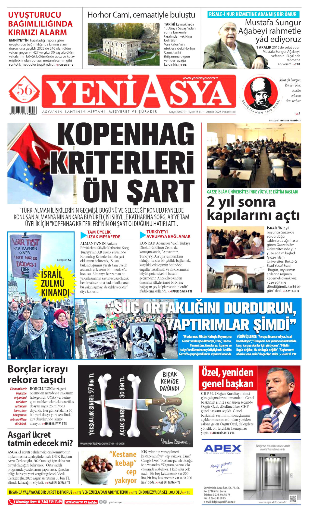 YENİ ASYA gazetesinin 1 Aralık 2025 tarihli birinci sayfası