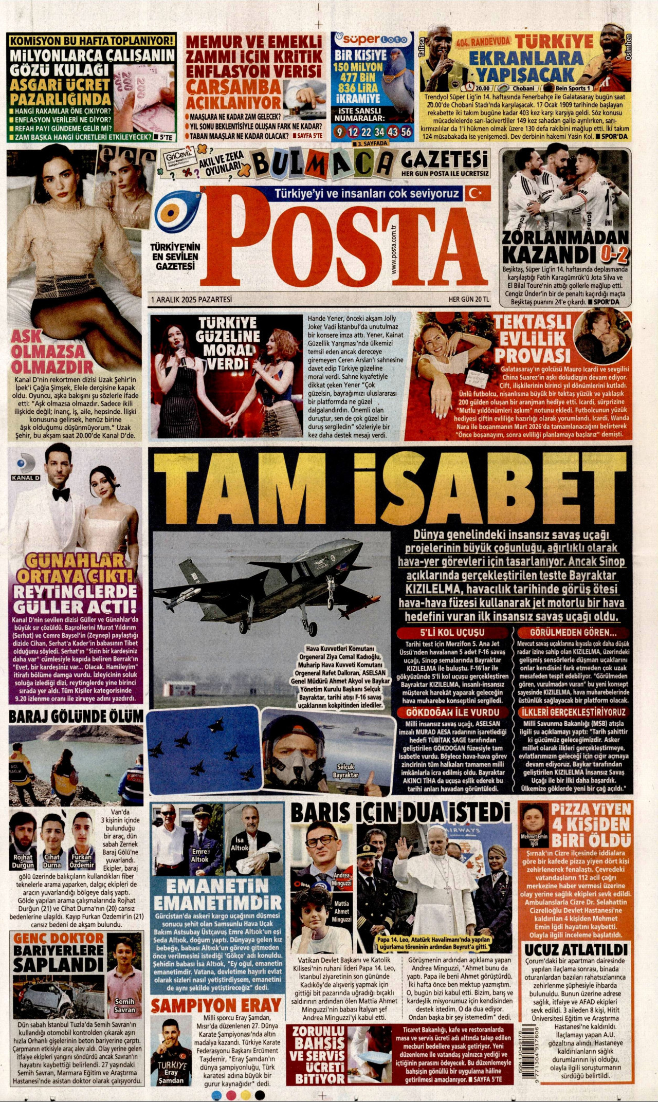 POSTA gazetesinin 1 Aralık 2025 tarihli birinci sayfası