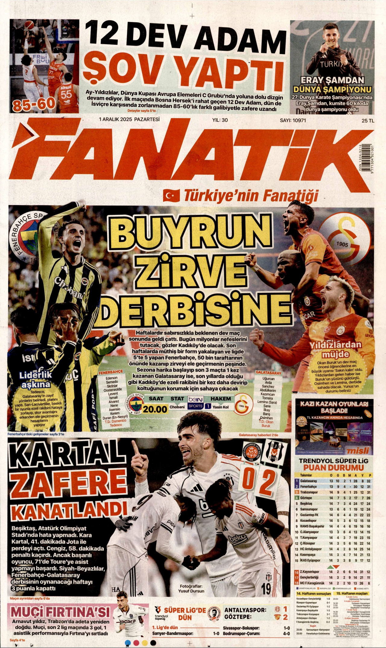 FANATİK gazetesinin 1 Aralık 2025 tarihli birinci sayfası